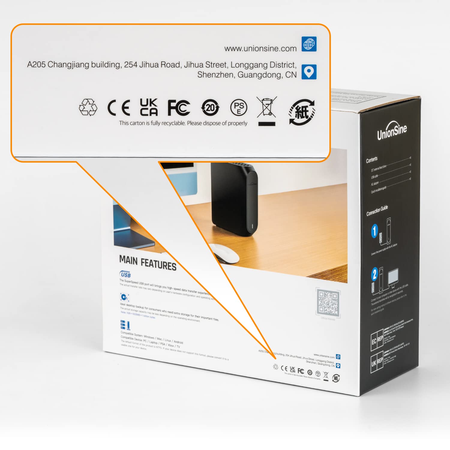 UnionSine 16TB USB 3.2 Gen 2 Type-C External Hard Drive - 3.5