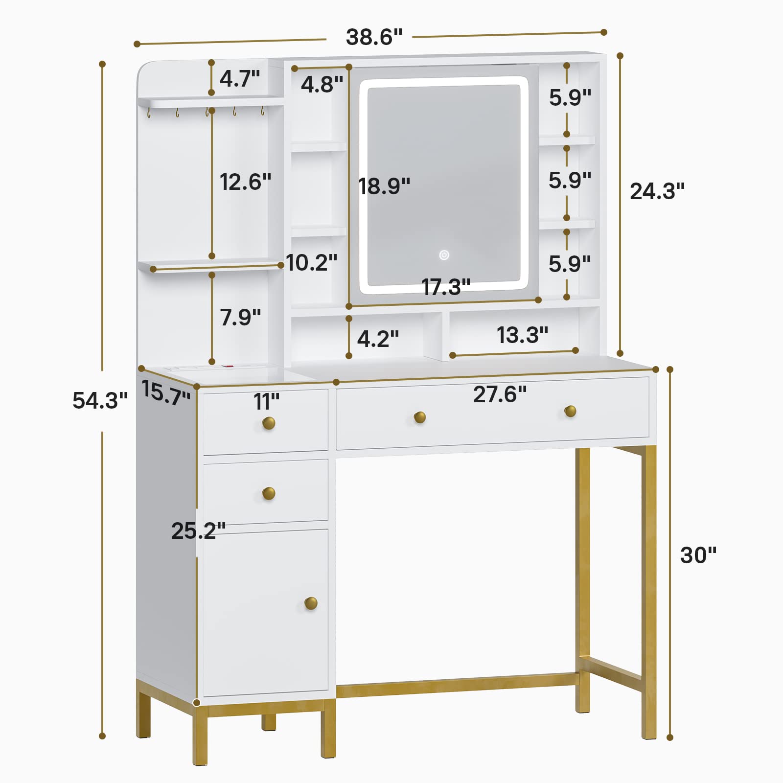VIAGDO White Vanity Desk with LED Lights - Makeup Vanity Table with Openable Mirror, Charging Station, 4 Drawers & Storage Shelves - Perfect for Bedroom, Dressing Room & Beauty Salon Organization