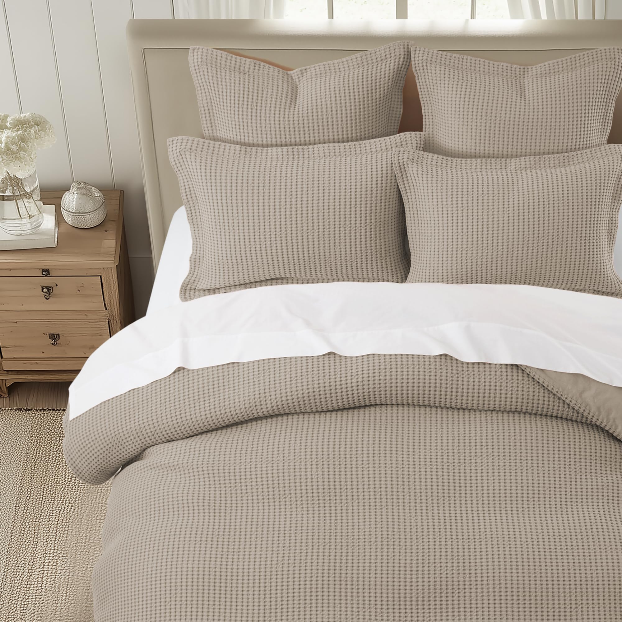 Levtex Home Mills Waffle Beige Fawn Duvet Cover Set - Full/Queen Size (90