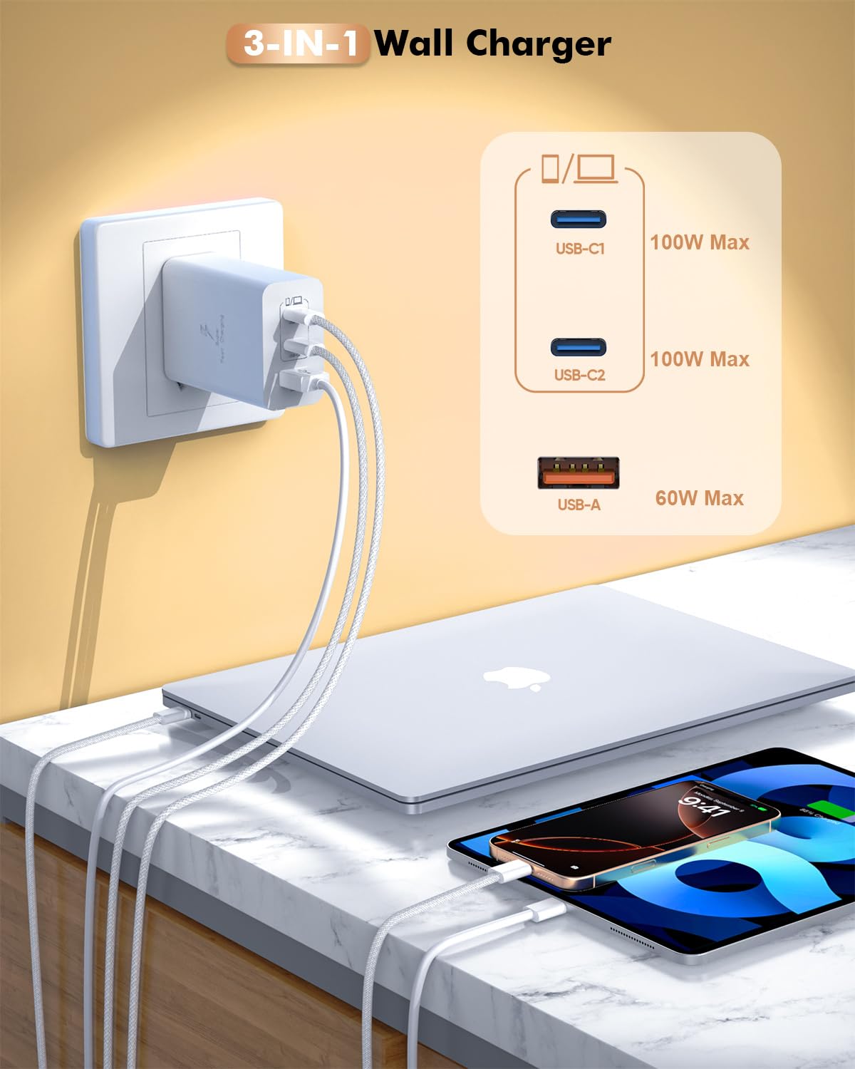 100W USB C Fast Charger with 3 Ports - 6FT Woven USB C to USB C Cable Included - Compatible with MacBook, MacBook Air, MacBook Pro, iPhone 16/15 Series, iPad 10 & More - Perfect for Home, Office & Travel Charging