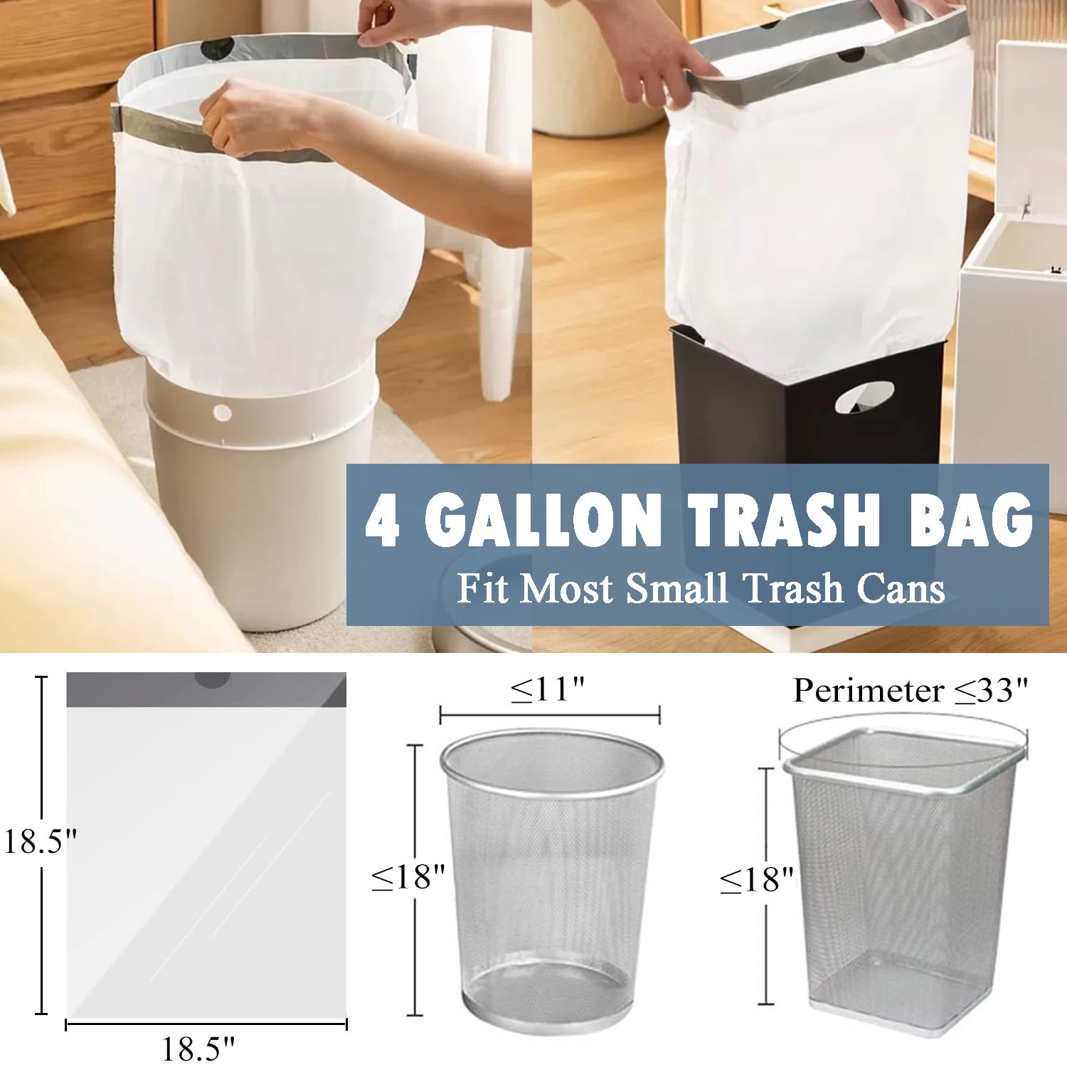 4 Gallon Small Trash Bags - 57 Count Drawstring Kitchen & Bathroom Garbage Bags | Unscented White 4 Gal Trash Can Liners for Home, Office & RV Use