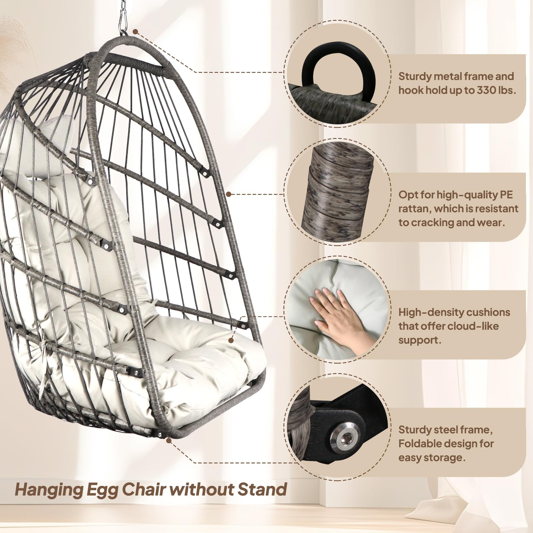 Chihee Foldable Wicker Rattan Swing Egg Chair with Stand & Cushion - 330 lbs Capacity Indoor/Outdoor Hanging Chair for Patio, Balcony, Porch, Bedroom & Garden - Perfect for Relaxing, Lounging & Reading