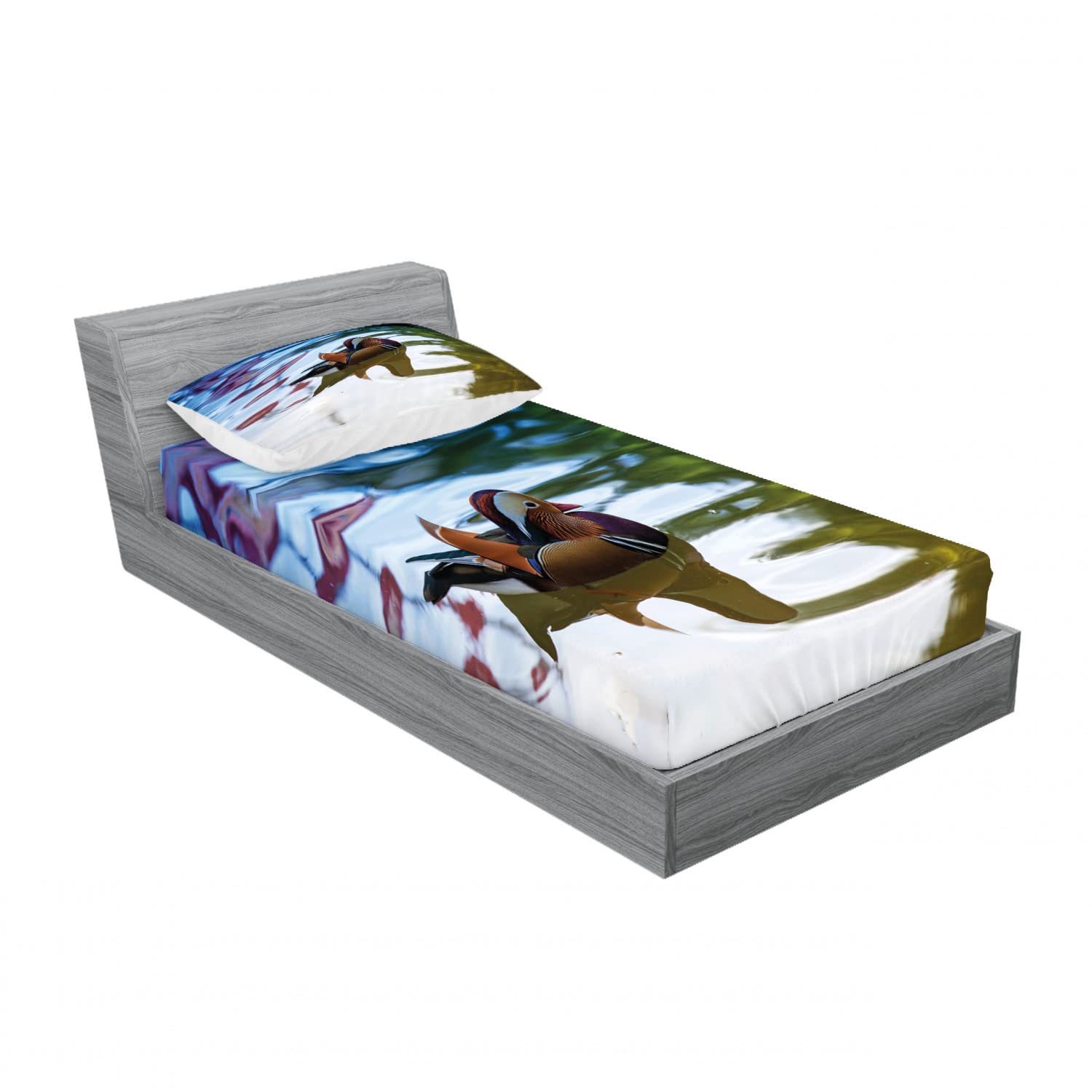 Ambesonne 2-Pack Twin XL Fitted Sheets & Pillow Sham Set - Chinese Ducks in River Design, 4-Piece Bedding Decor for Cozy Home (2 Fitted Sheets + 2 Pillow Covers) | Perfect for Guest Rooms, Dorms & Kids' Bedrooms
