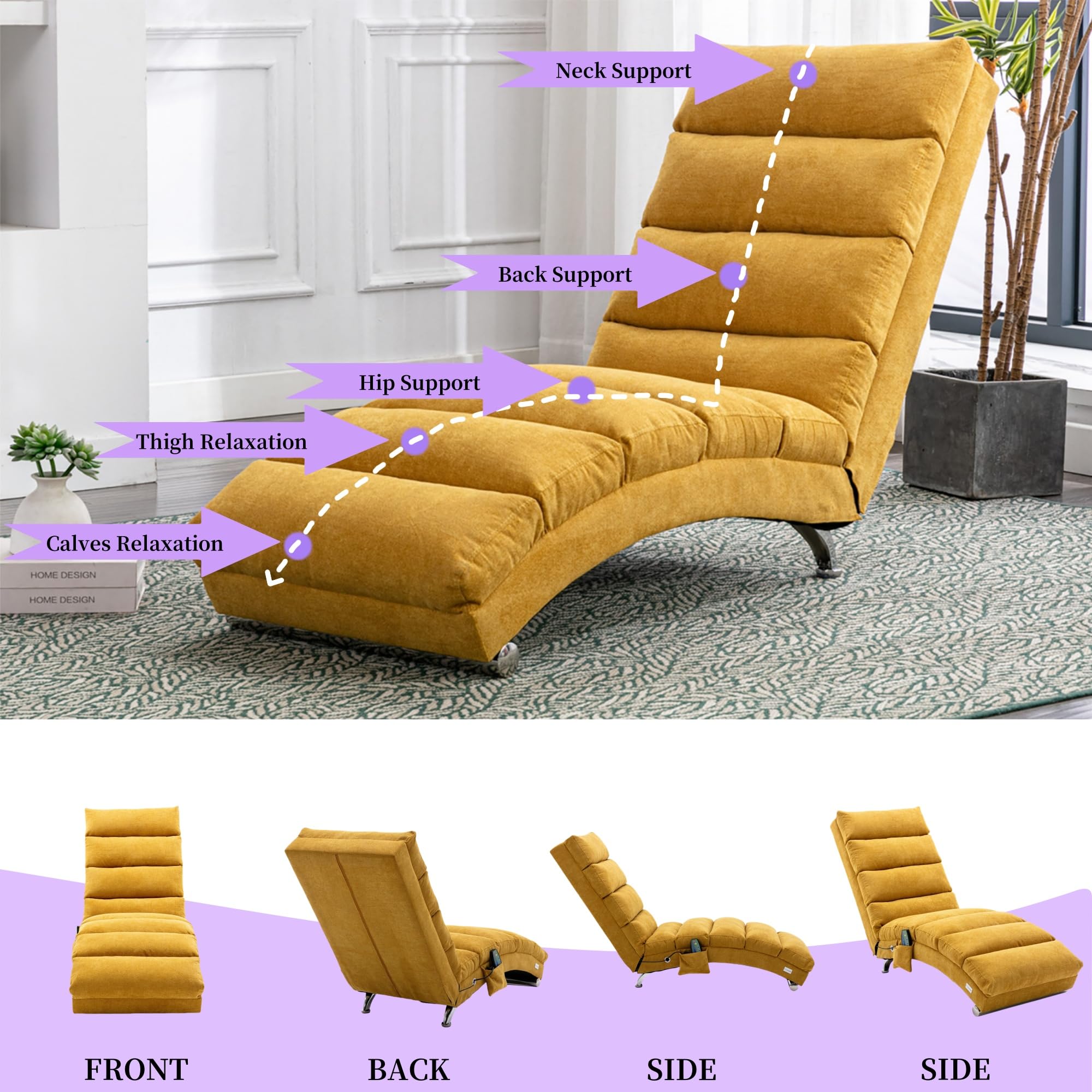 Premium Linen Chaise Lounge Chair with Electric Massage & Recliner - Modern Upholstered Sleeper Sofa for Bedroom, Living Room & Office - Yellow | Perfect for Relaxation, Napping & Home Decor