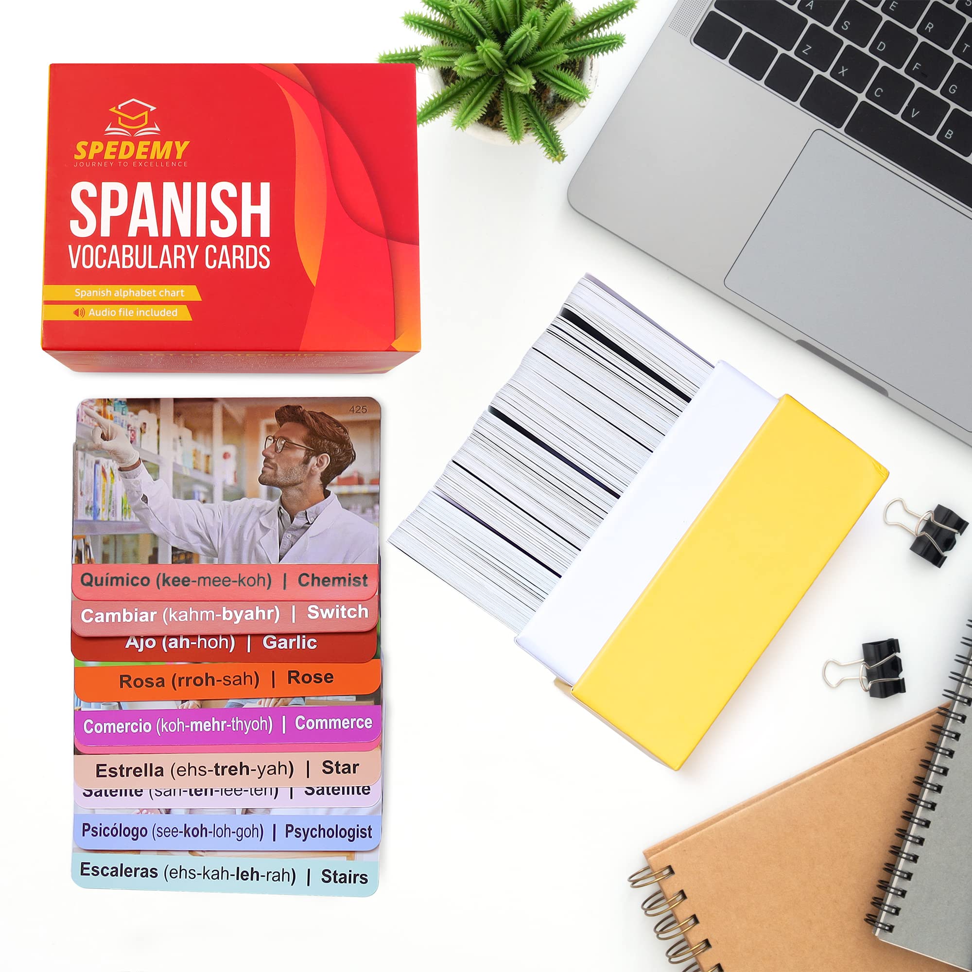 Spedemy Spanish Flash Cards for Adults & Kids - 276 Vocabulary Cards with Pictures, English Meaning & Pronunciation - 720 Words in 47 Categories - Alphabet Chart for Beginners - Perfect for Home Learning, Classroom & Travel Language Practice