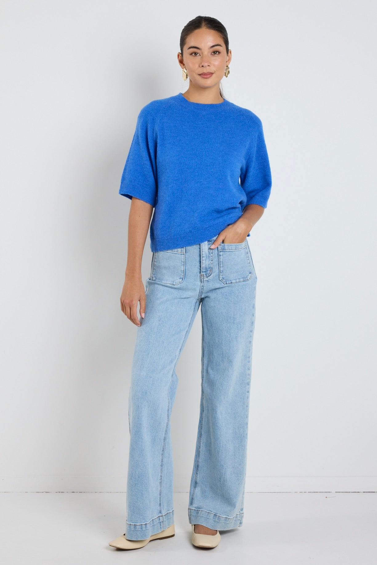 Assembled Azure Blue Alpaca Blend Raglan Knit Tee - Soft & Comfortable Women's Casual Top for Everyday Wear