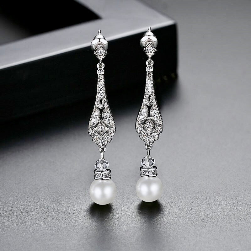 Aretha Pearl & Cubic Zirconia Bridal Jewelry Set - Elegant Wedding Necklace & Earrings for Bride, Bridesmaids - Perfect for Weddings, Anniversaries & Special Occasions