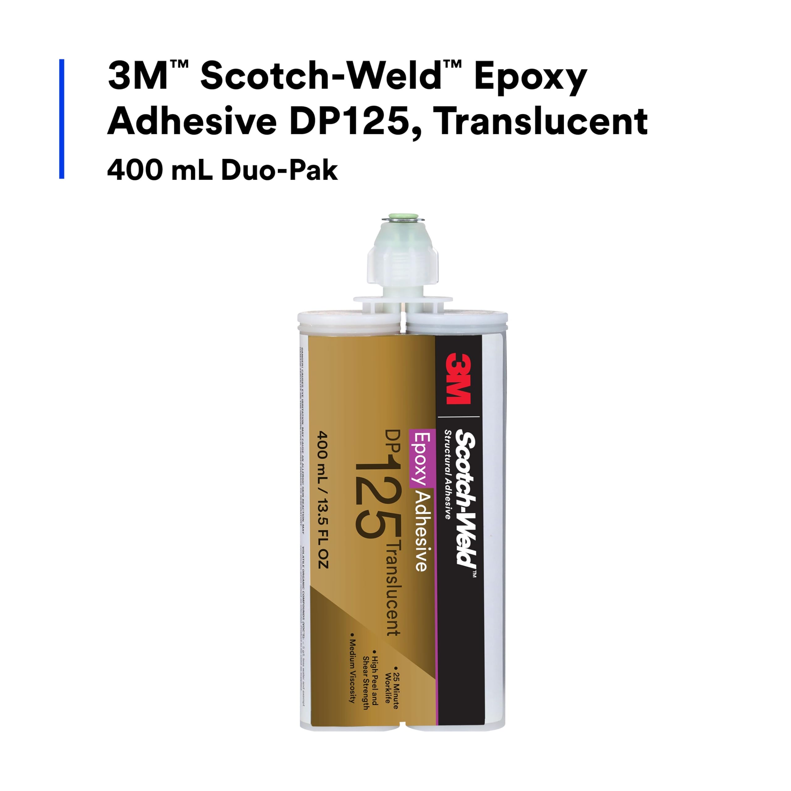 3M Scotch-Weld DP125 Translucent Two-Part Epoxy Adhesive - Flexible, Heat Resistant, 400mL (13.5oz) Duo-Pak - Ideal for Metal, Plastic & Wood Bonding in Automotive, Marine & DIY Projects