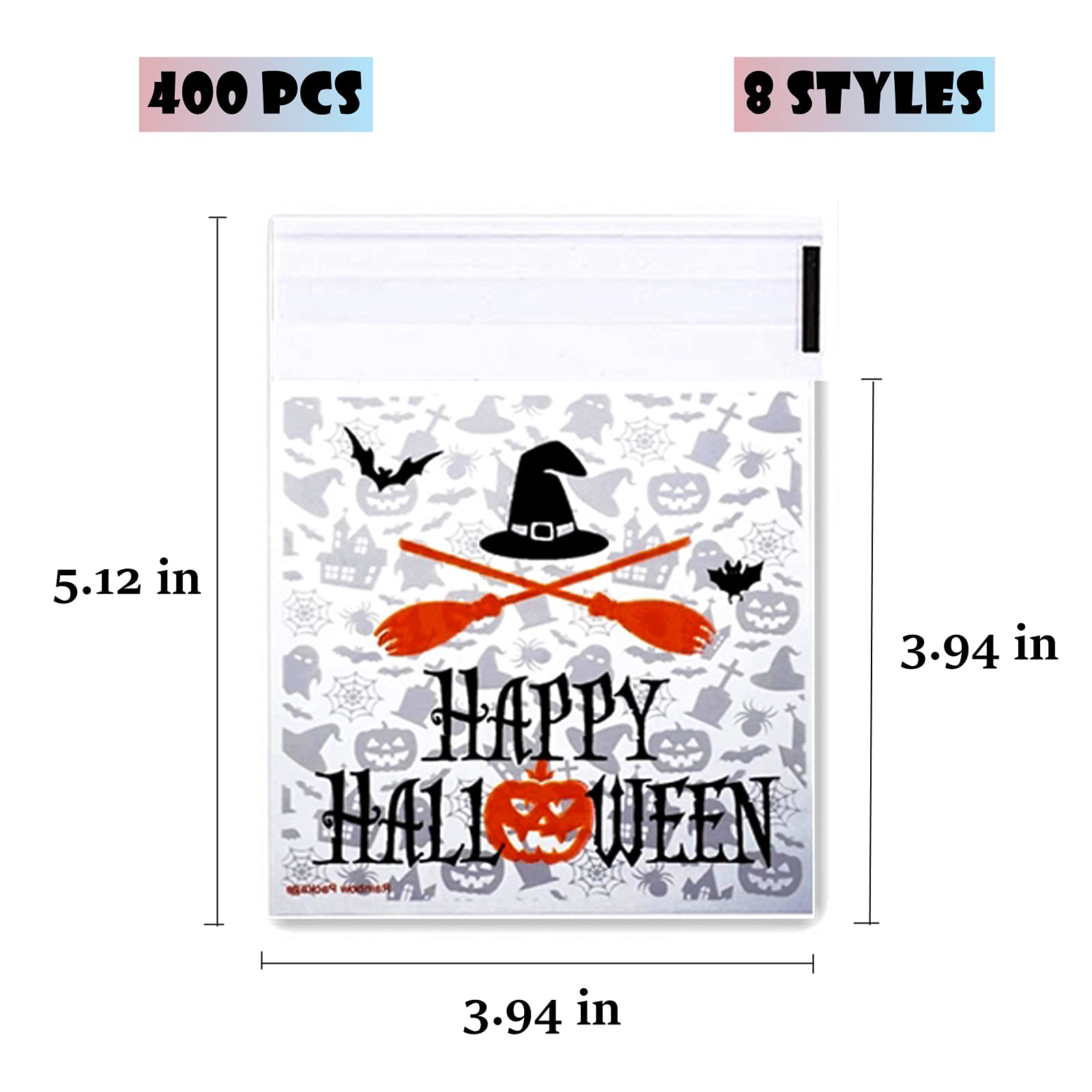 400 Pcs Halloween Candy Bags - Self Adhesive Trick or Treat Cookie Bags for Party Favors, Halloween Party Supplies, 12 oz Cellophane Goodie Bags (8 Styles) - Perfect for Halloween Parties, School Events & Trick-or-Treating