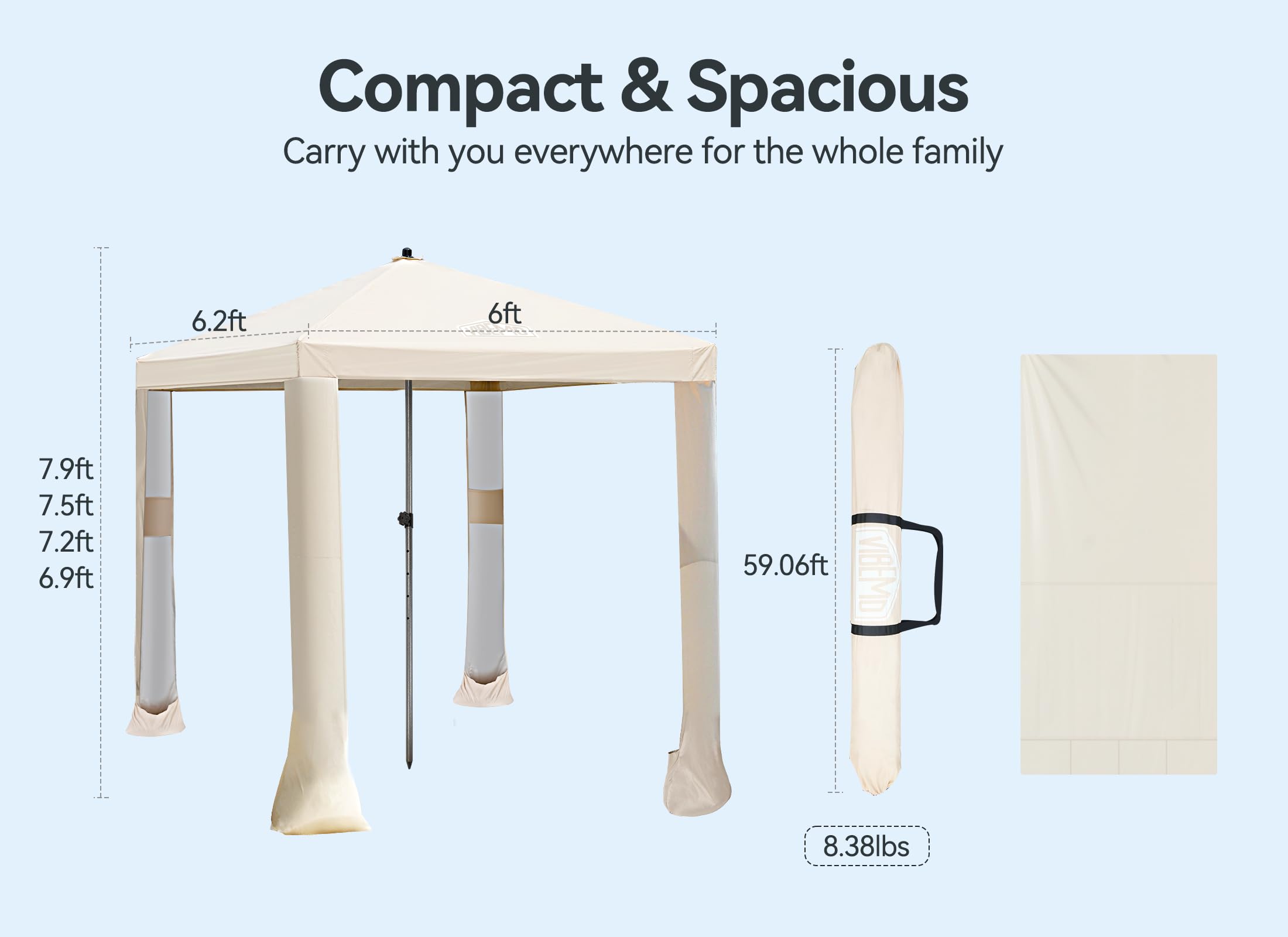 UPF 50+ Beach Canopy Tent - 6.2x6ft Portable Sun Shelter with Adjustable Height & Waterproof Side Walls | Perfect for Family Beach Days, Picnics, and Outdoor Gatherings | Includes Interior Pockets & UV Protection