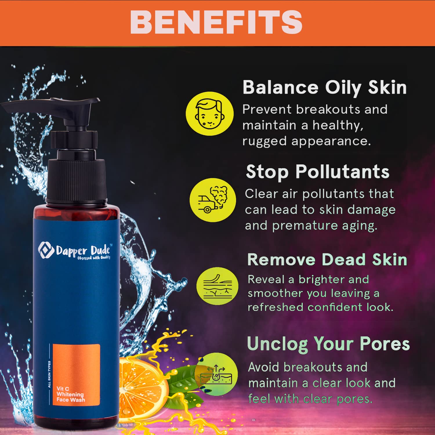 Dapper Dude Vitamin C Brightening Face Wash for Men - All Skin Types, Fights Acne & Pimples, Skin Whitening & Brightening, Oil & Dirt Control, Anti-Pollution - Pack of 2 | Daily Cleansing for Glowing Skin & Healthy Complexion