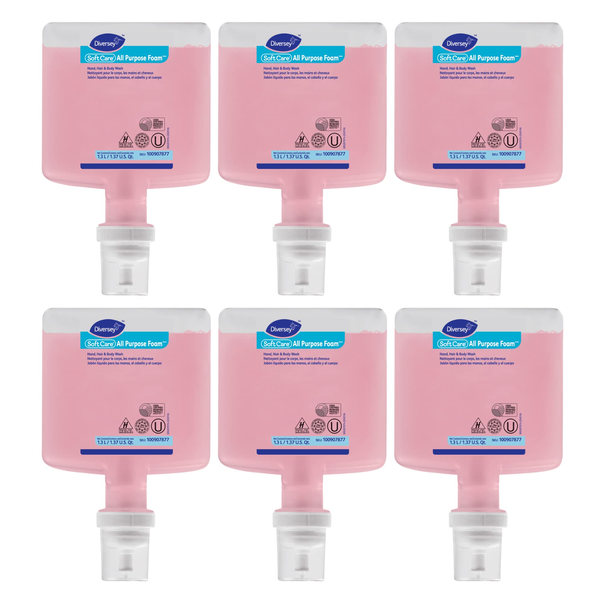 Diversey Soft Care All Purpose Foam - Hand Soap, Hair & Body Wash for IntelliCare Dispenser | Refillable 1.3L (6-Pack) | Citrus Scent | Ideal for Hospitals, Gyms & Public Restrooms