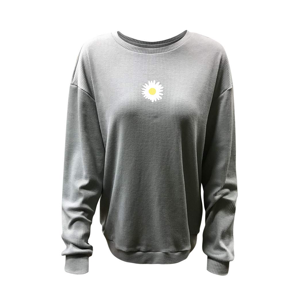 PGOJUNI Women's Loose Waffle Knit Crewneck Sweatshirt - Daisy Graphic Long Sleeve Casual Top for Teen Girls & Women | Perfect for School, Shopping & Everyday Wear