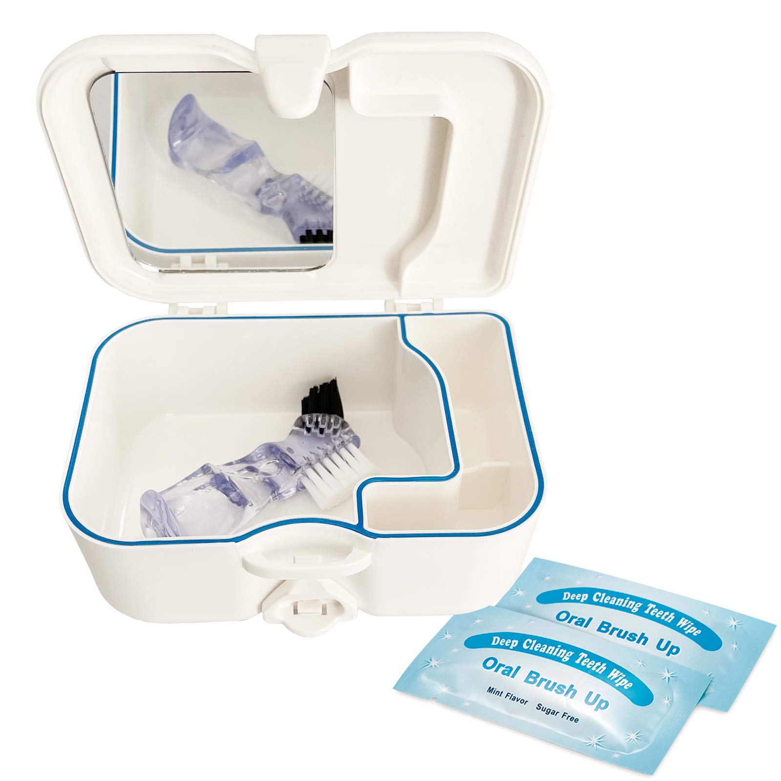 Denture Storage Box with Mirror & Cleaning Brush - Orthodontic Teeth Case, Retainer Cleaning Box for Dentures & Aligners - Perfect for Travel, Home & Daily Dental Care