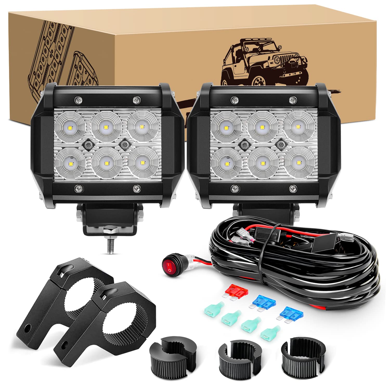 GOOACC 2PCS 4 Inch 18W LED Light Pods - Offroad Flood Lights with Mounting Bracket & Wiring Harness for Trucks, Boats, ATVs - Waterproof Fog Lights for Night Driving, Camping, Off-Road Adventures (2 Years Warranty)