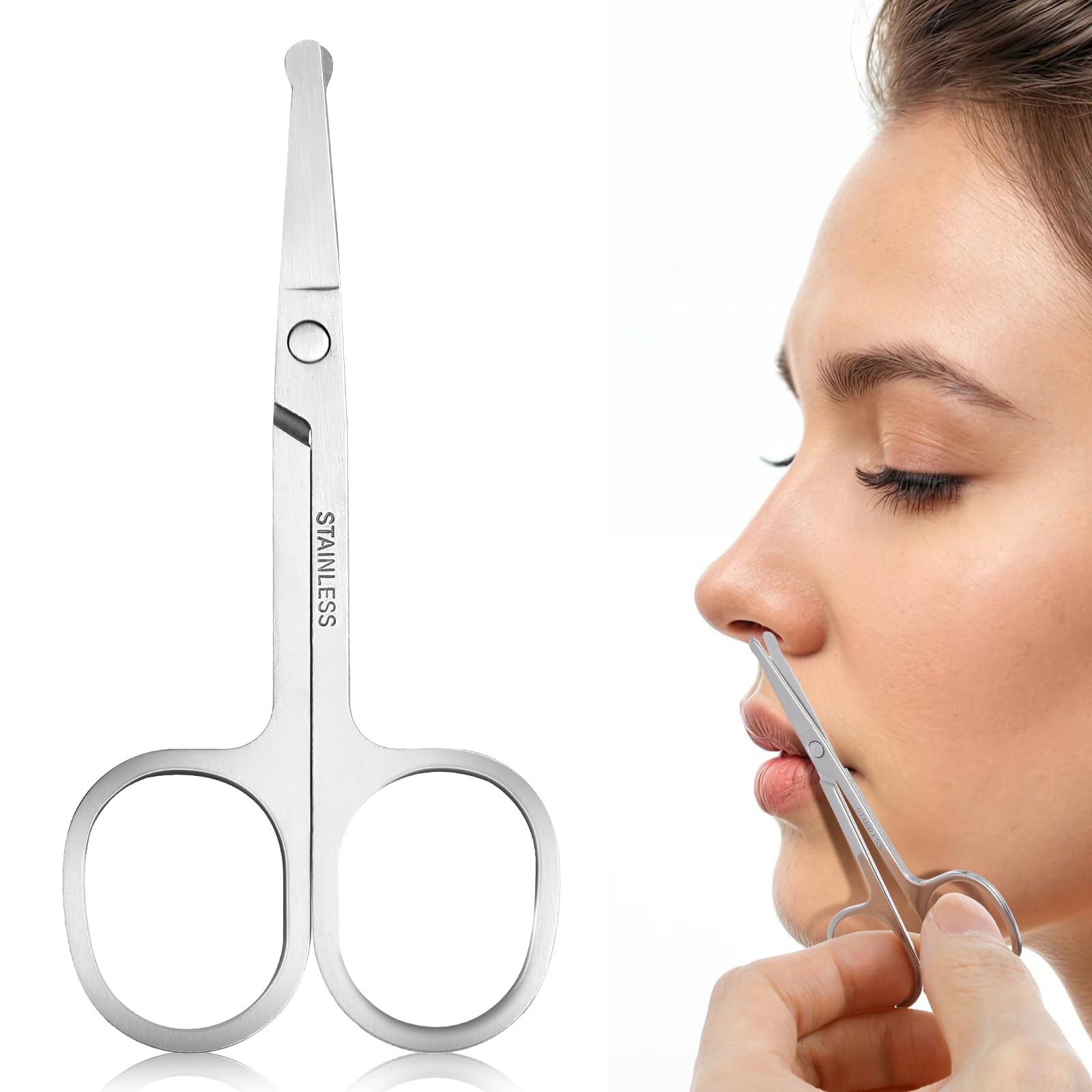 Premium Stainless Steel Nose Hair Scissors - Rounded Tip Safety Grooming Scissors for Men & Women - Trimming Facial Hair, Mustache, Eyebrows - Perfect for Travel & Personal Care (Silver)