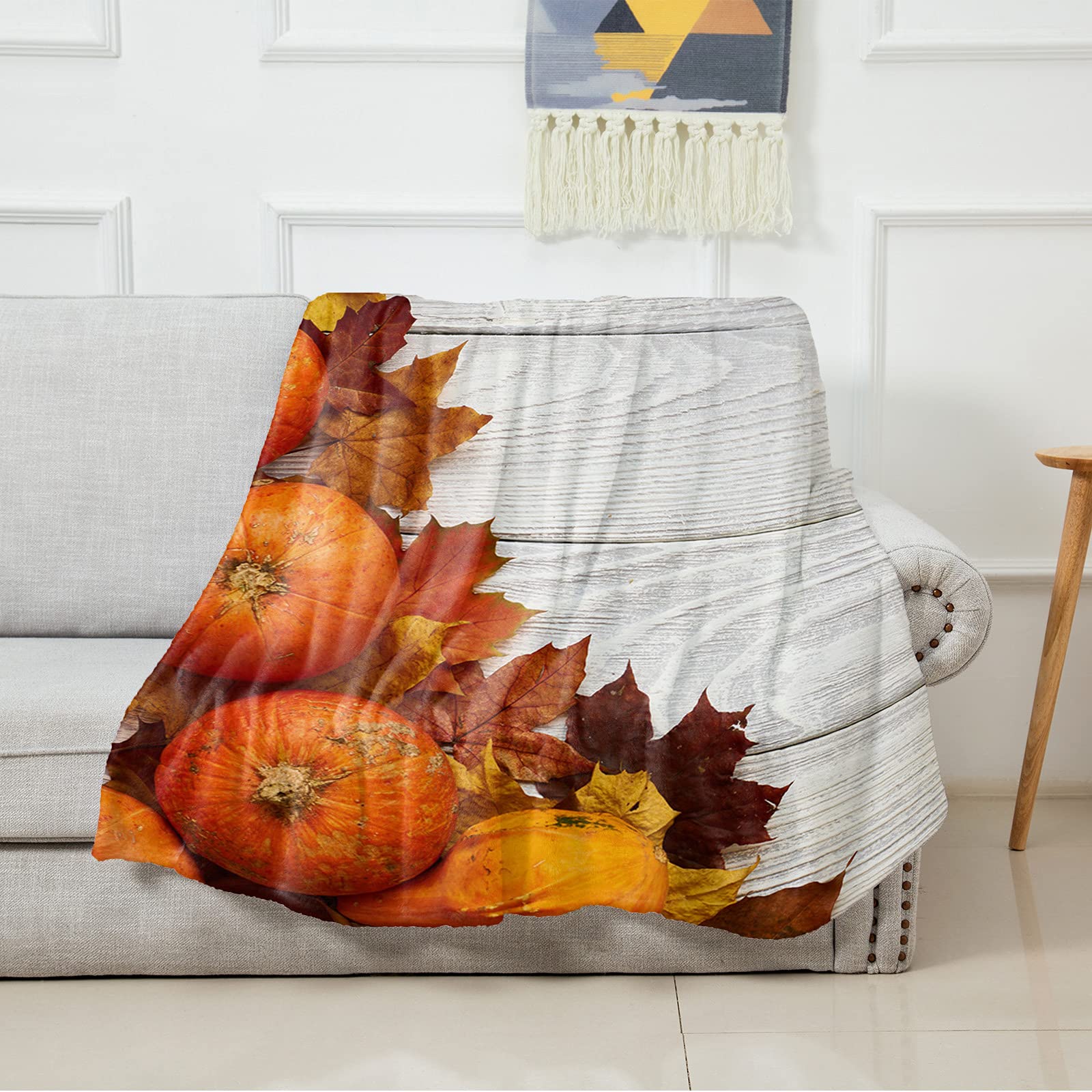 Thanksgiving Pumpkin Autumn Leaf Throw Blankets - Soft Flannel Fleece Microfiber Blanket - Retro Wood Board Stripes Warm Bed Throw for Sofa, Couch, Bedroom & Camping (60x80 inches) - Perfect for Fall Decor, Cozy Evenings & Holiday Gifting
