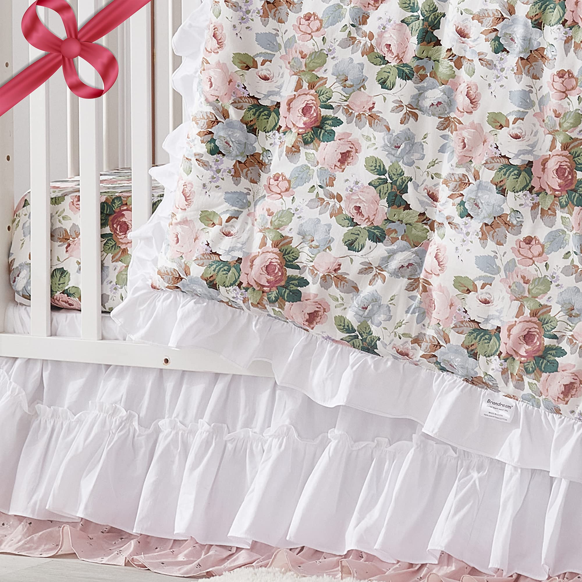 Brandream French Country Garden Floral 3-Piece Baby Crib Bedding Set - Ruffled Quilt, Fitted Sheet & Skirt in White, Blush Pink & Green | Perfect for Girls Nursery Decor & Baby Shower Gifts