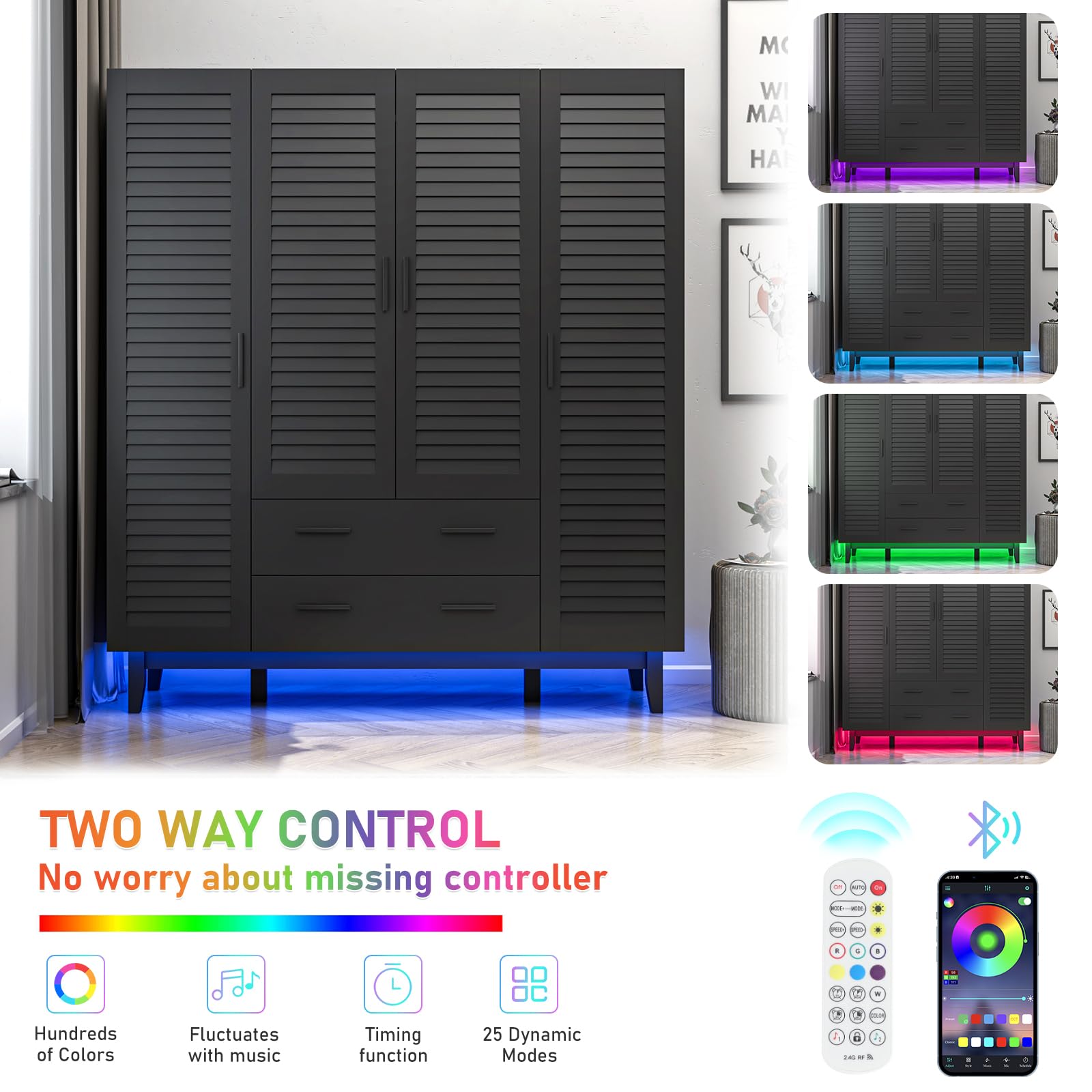4 Door Armoire Wardrobe Closet with LED Lights, Drawers & Hanging Rod - Large Capacity Storage Cabinet for Bedroom with Multi-Tier Shelves & Louver Doors (Black) - Perfect for Organizing Clothes, Shoes & Accessories in Master Bedroom or Guest Room