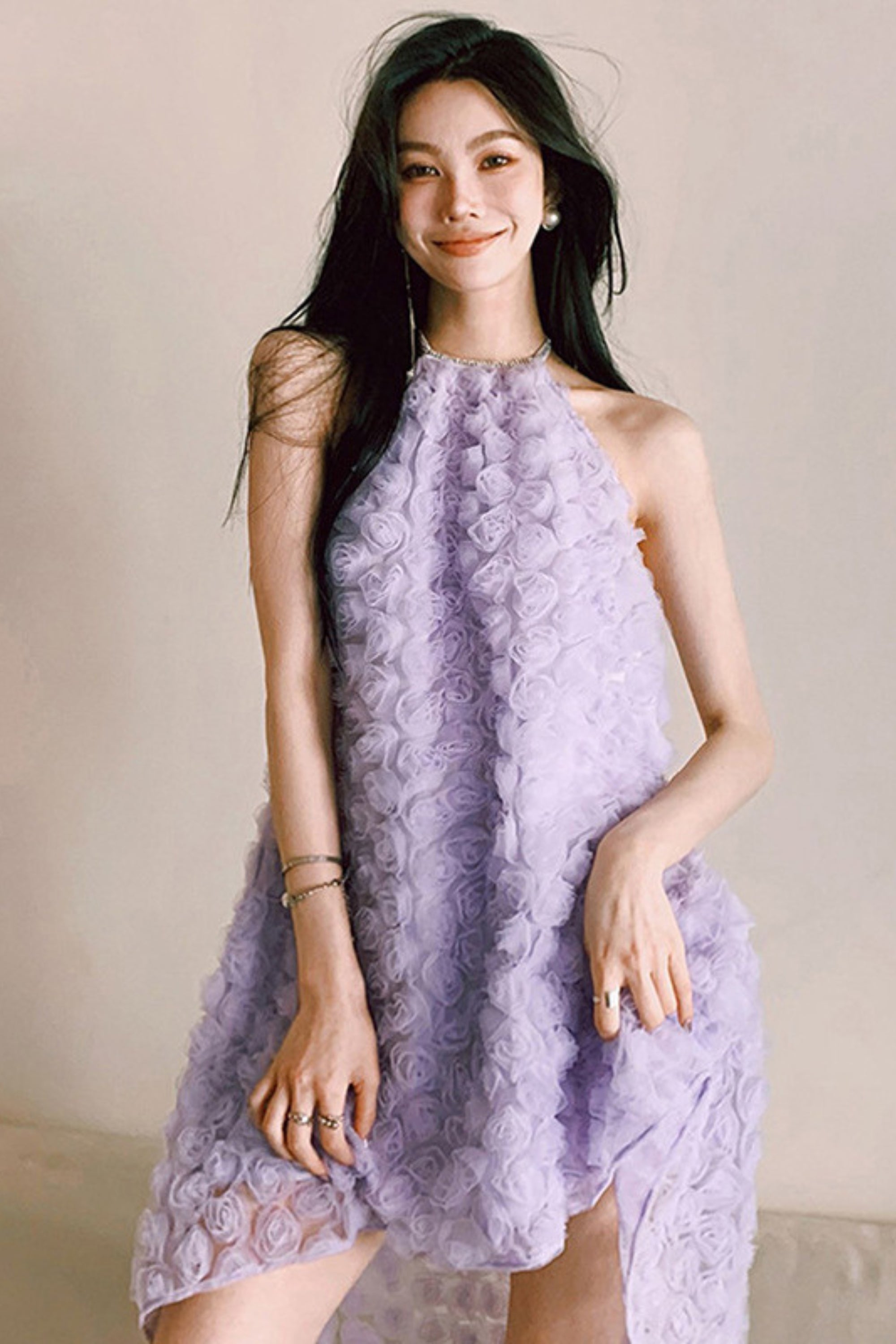 Elegant 3D Purple Rose Halter Neck Backless Midi Dress for Women - Perfect for Summer Parties, Weddings, and Special Occasions