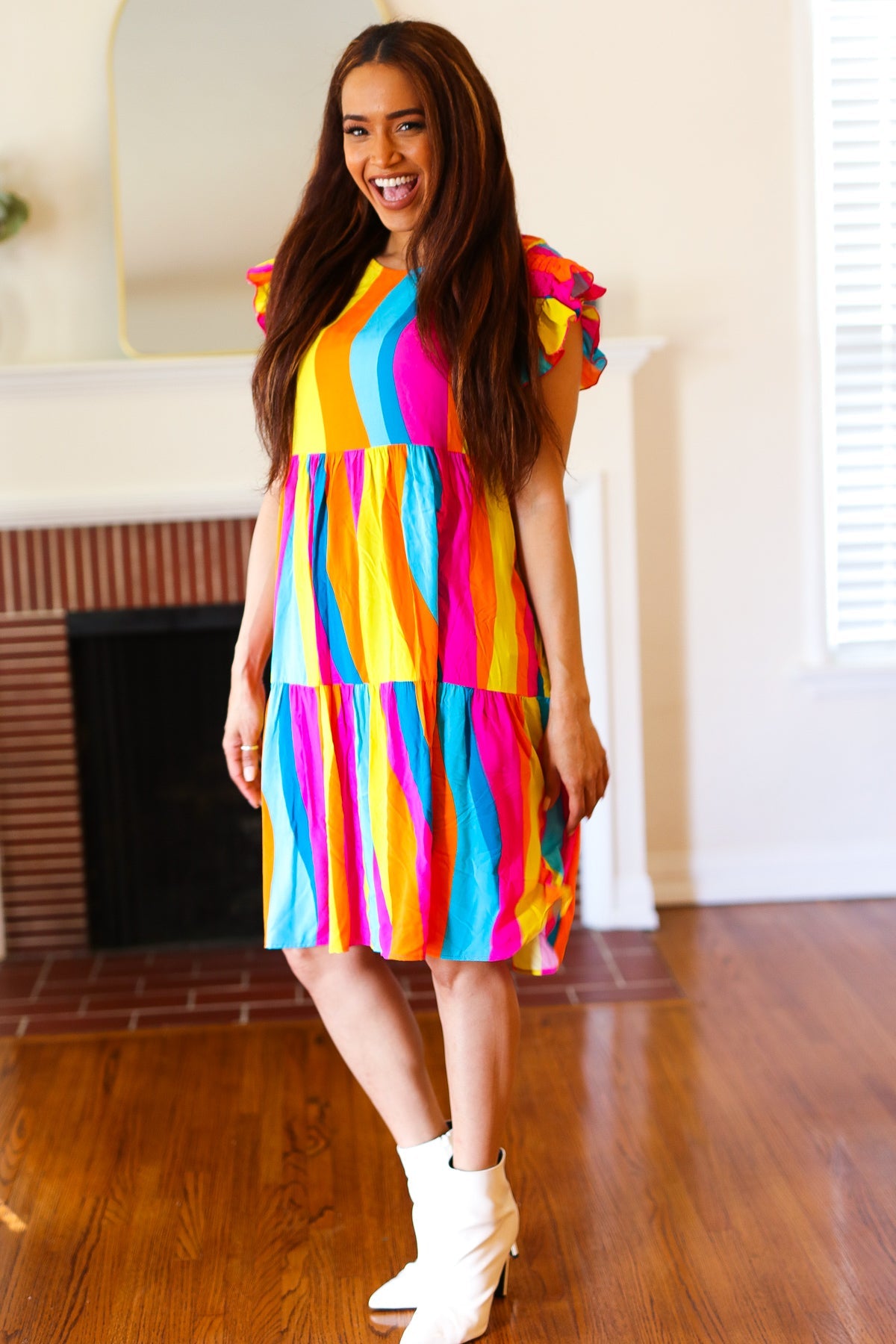 Eyes On You Multicolor Abstract Print Smocked Ruffle Sleeve Dress for Women | Flowy Summer Dress for Beach, Party & Date Night