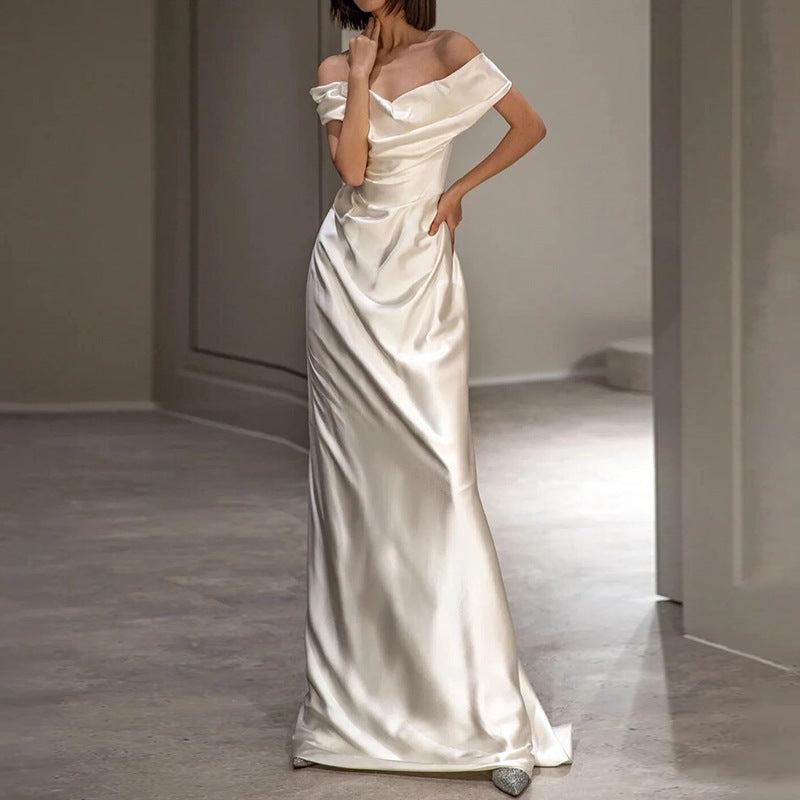 Elegant White Off Shoulder Satin Evening Dress - Vintage 1962 French Style Formal Gown for Prom, Wedding & Special Occasions