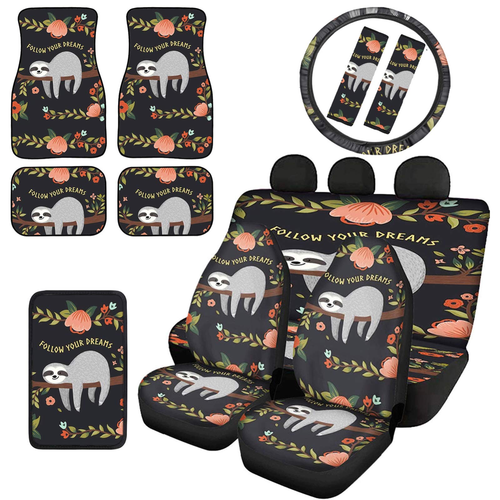 Cute Cartoon Sloth Car Seat Covers Full Set - Steering Wheel Cover, Seat Belt Pads & Floor Mats | Universal Fit for Women & Girls | Soft Comfort Auto Accessories for Daily Commute & Road Trips