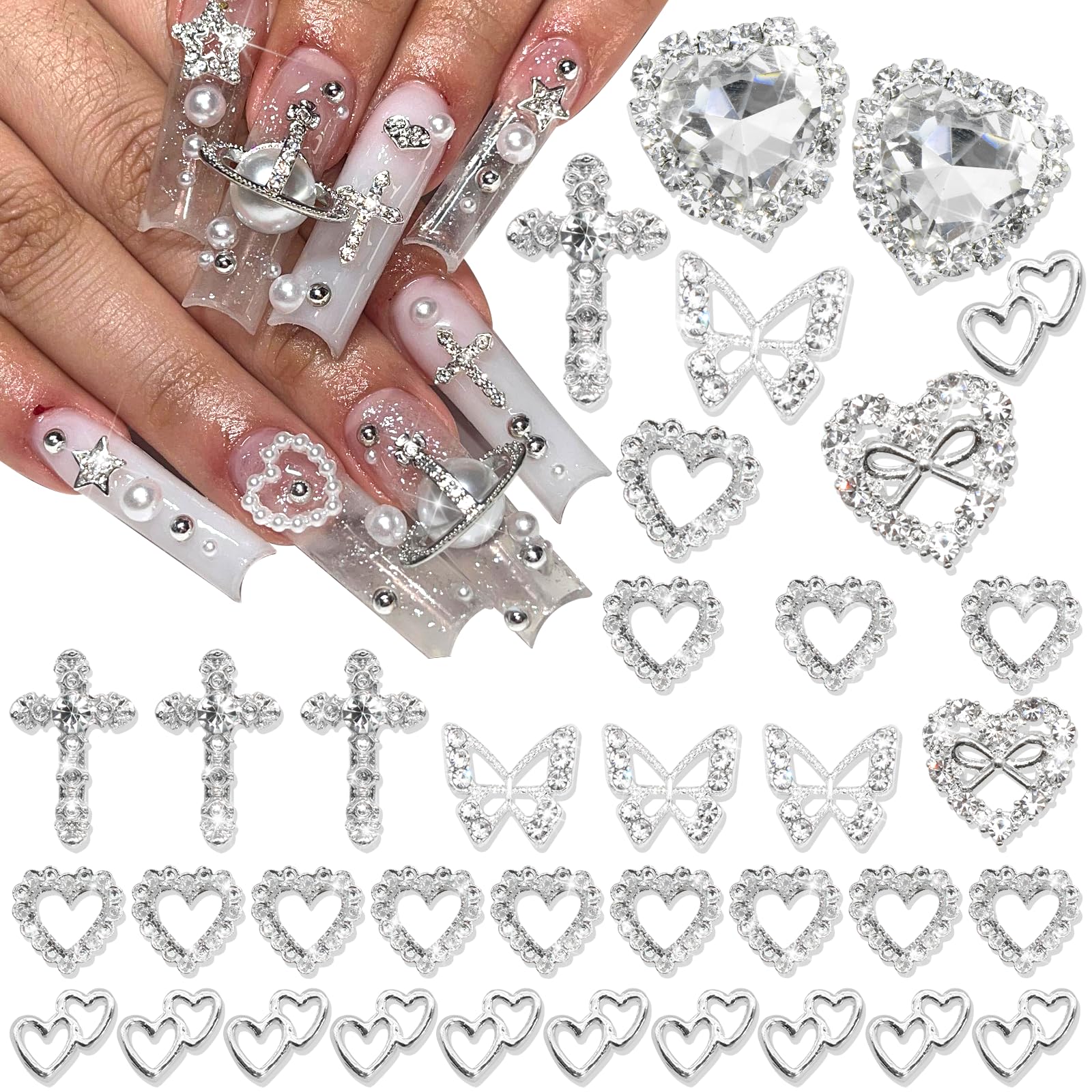 42PCS Silver Nail Charms - 3D Crystal Heart, Alloy Cross & Metal Butterfly Nail Art Gems with Rhinestones for Women | DIY Nail Decorations & Crafts | Perfect for Manicures, Parties, Bridal Nails and Gift Giving