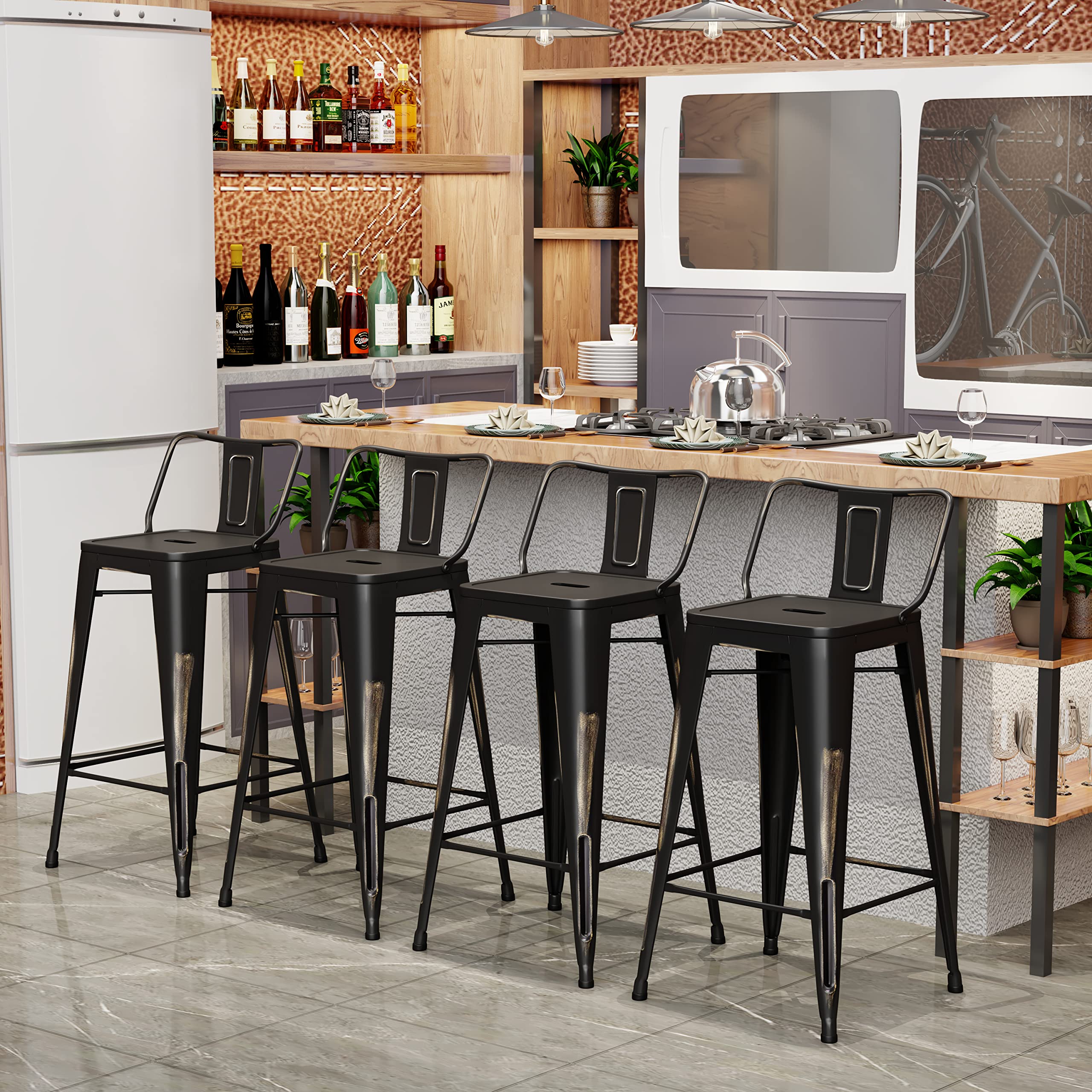Aklaus Industrial Metal Bar Stools Set of 4 - 30 Inch Bar Height Stools with Back, Distressed Gold Finish - Modern Kitchen & Dining Chairs for Indoor/Outdoor Use - Perfect for Home Bars, Kitchen Islands, and Patio Seating