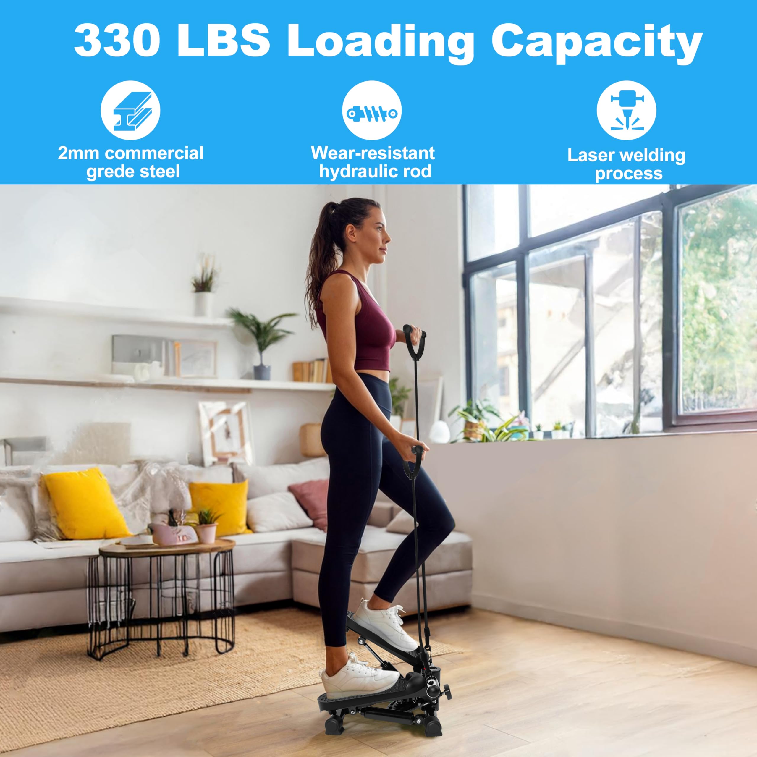 **Hydraulic Stair Stepper for Home Workout - Adjustable Height, 330 lbs Capacity with Resistance Bands & Non-Slip Mat - LCD Display for Steps & Time Tracking - Perfect for Cardio, Leg Toning & Full-Body Fitness**