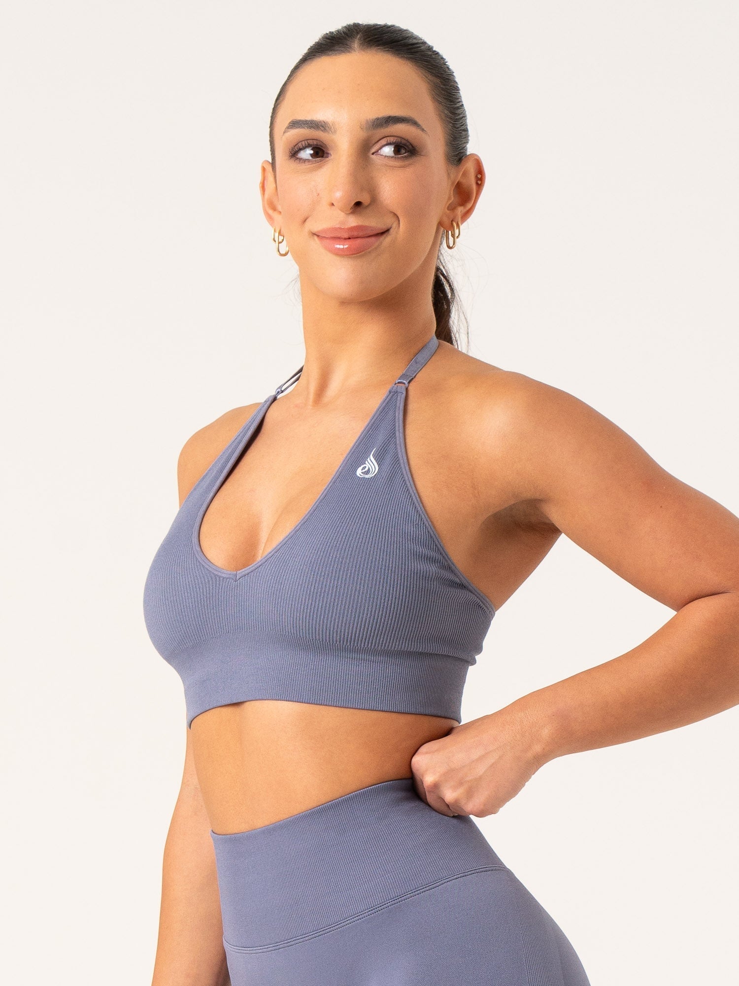 Lift Rib Seamless Halter Sports Bra for Women - Slate Blue - High Support Workout Top for Yoga, Running & Gym