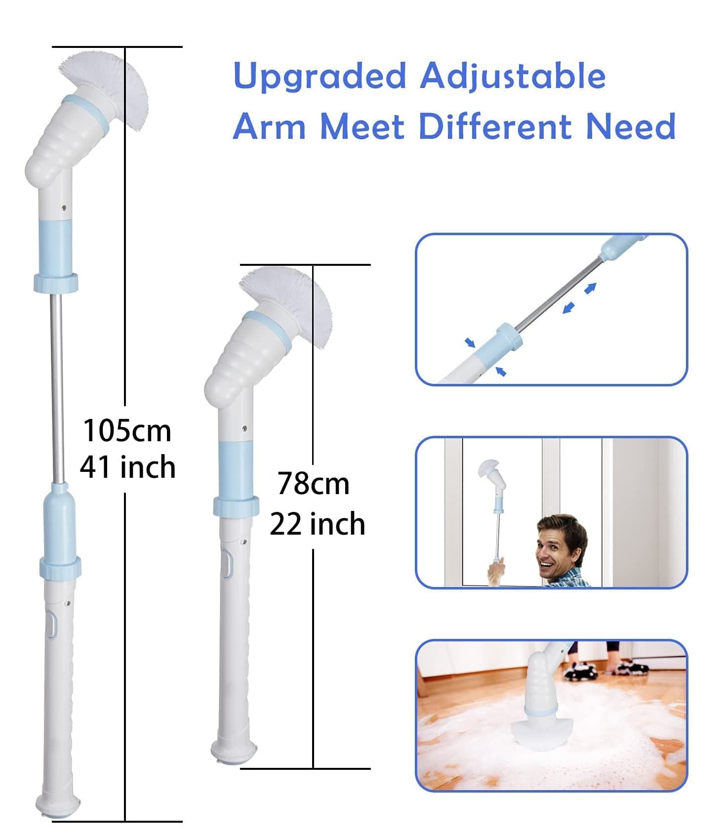 Electric Spin Scrubber Brush - Cordless Power Scrubber with 3 Replaceable Heads, Adjustable Extension Handle for Bathroom, Shower, Tile & Tub Cleaning - Blue & White - Perfect for Deep Cleaning Grout, Sinks & Hard-to-Reach Areas
