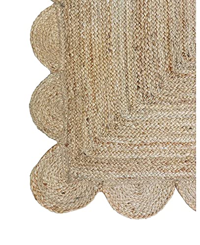 Handwoven Braided Jute Rug - Scalloped Rectangle Natural Beige Carpet for Patio, Entryway, Living Room - 9x9 Feet (270x270 cm) - Eco-Friendly & Durable Floor Mat for Home Decor