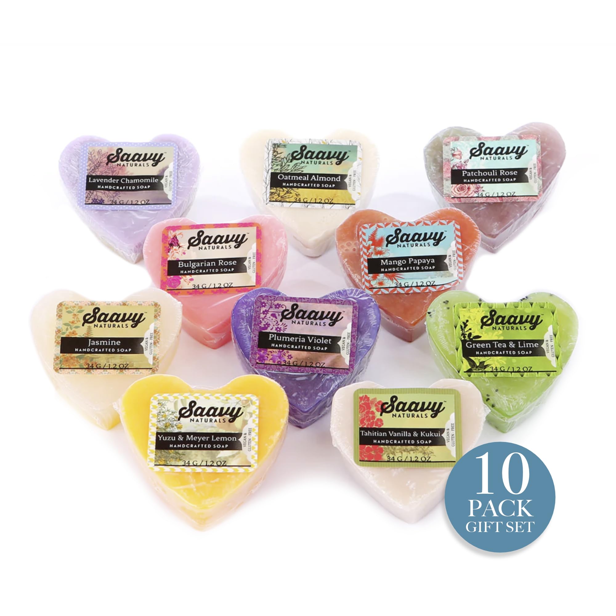 Saavy Naturals Organic Heart Shaped Soap Gift Set - 10 Pack Vegan Scented Soap Bars (1.2 Oz Each) for Body Wash & Hand Care | Made in USA | Perfect for Valentine's Day Gifts, Wedding Favors & Self-Care Pampering