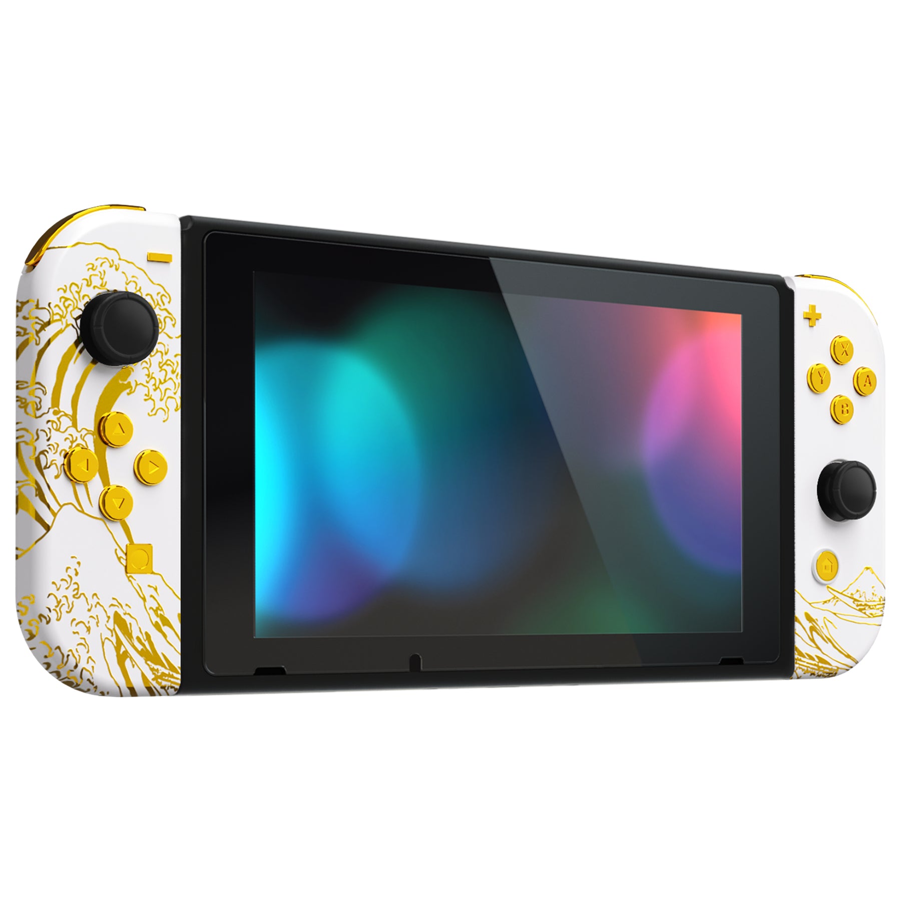 eXtremeRate Golden Wave Off Kanagawa White Back Plate for Nintendo Switch Console - DIY Replacement Shell with Buttons for Joycon Handheld Controller (Model QT121) - Perfect for Gaming Enthusiasts & Custom Mods