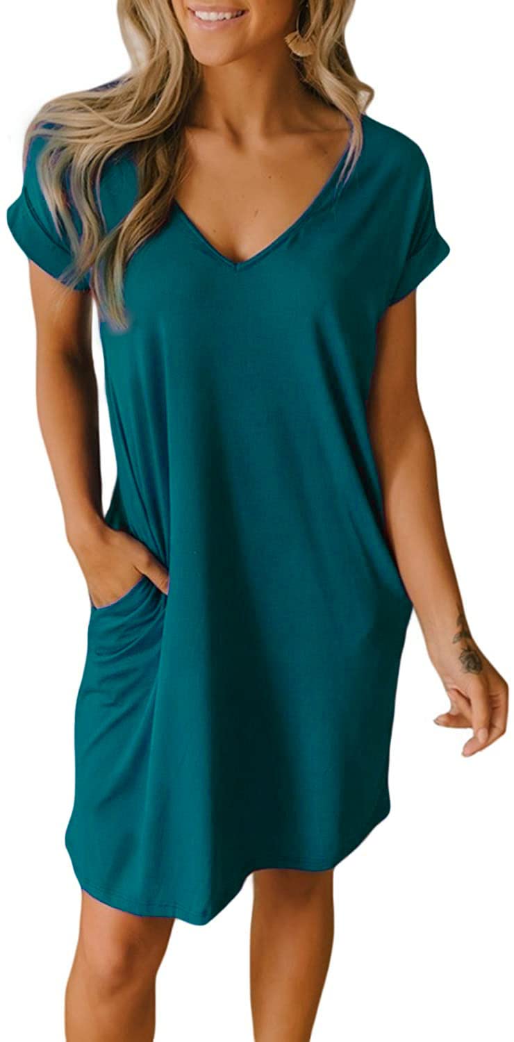 BTFBM Women's V-Neck Short Sleeve Summer Dress 2025 - Spring Casual Loose Tunic T-Shirt Dress with Pockets | Lounge, Sleepwear, Beach & Everyday Wear