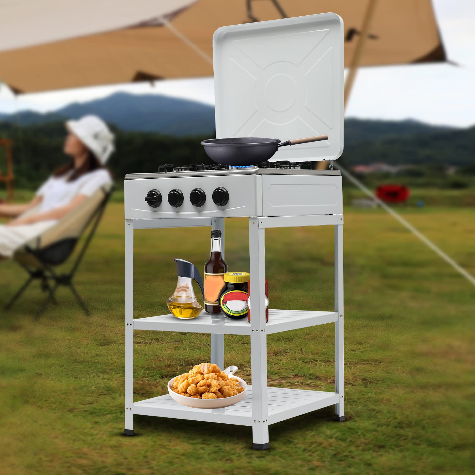 4 Burner Portable Camping Stove with Windproof Cover & Leg Stand - Manual Ignition Gas Stove for Outdoor Cooking, Picnics, RV Trips & Emergency Preparedness