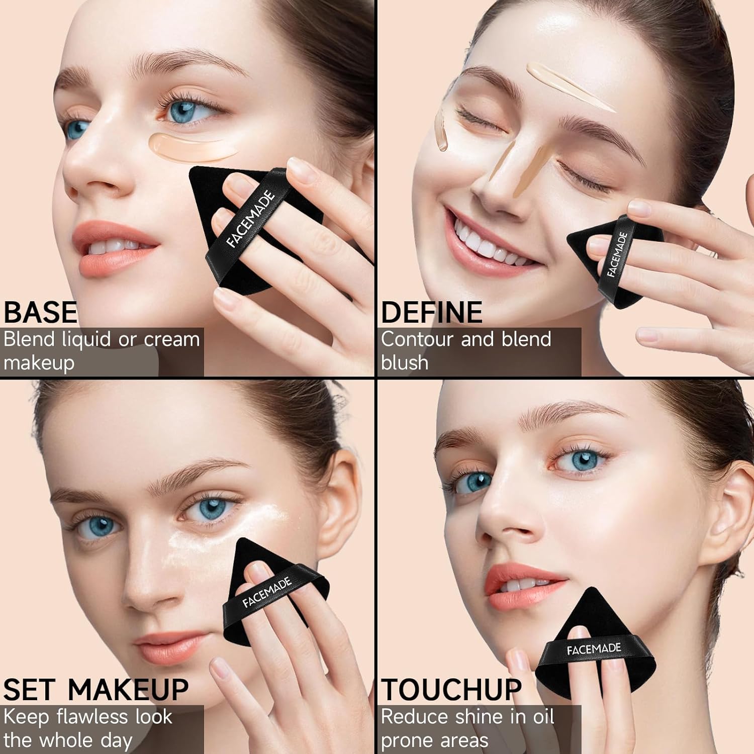 FACEMADE 6-Piece Triangle Velour Powder Puff Set with Storage Case - Soft Makeup Sponge for Wet & Dry Application - Perfect for Foundation, Setting Powder & Blush Touch-Ups