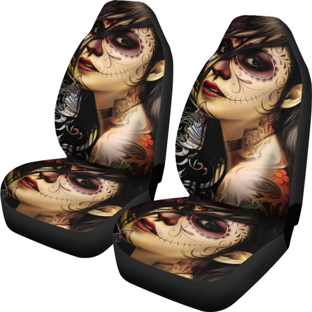 2 Pcs Sugar Skull Girl Car Seat Covers - Gothic Mexican Style Auto Accessories for Women, Universal Fit for Most Vehicles - Perfect for Halloween, Dia de Los Muertos & Car Decor