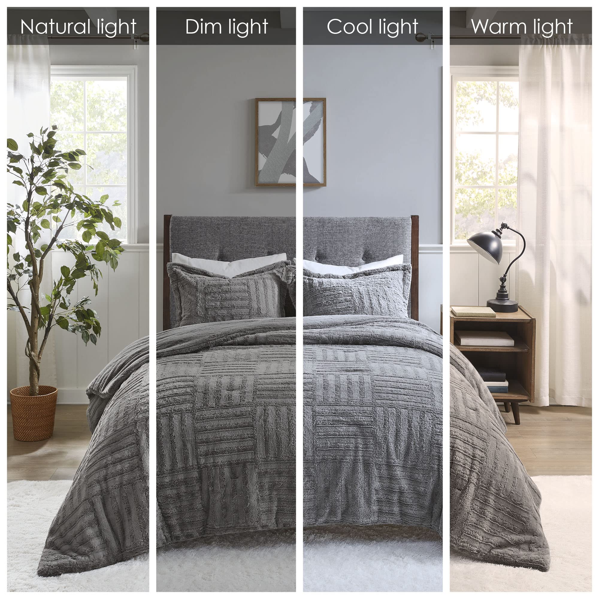 Madison Park Arctic Comforter Set - Faux Fur Checkerboard Textured Design, Ultra Soft Down Alternative, Winter Warm Bedding for King/Cal King Size, Grey | Perfect for Cold Weather & Cozy Bedroom Decor