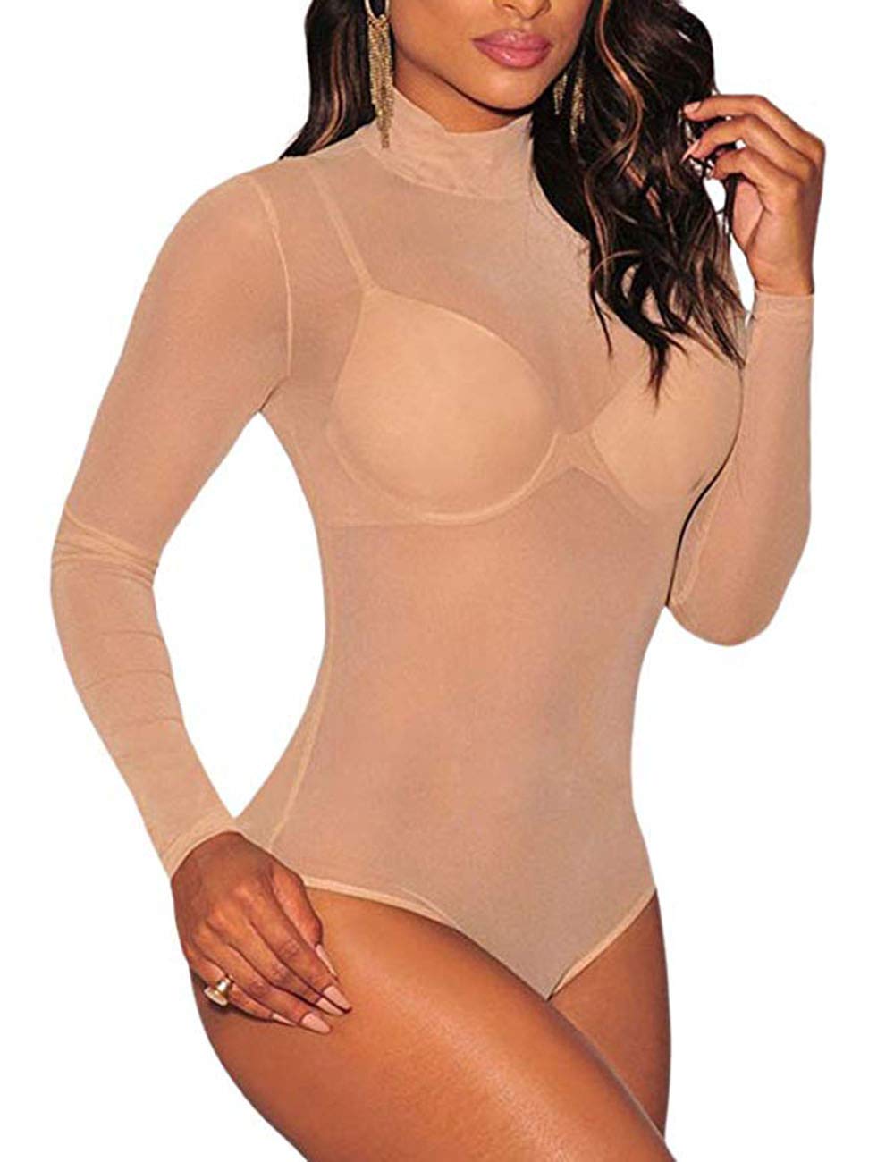 SEBOWEL Women's Long Sleeve Mesh See-Through Jumpsuit Bodysuit Top Leotard - Sexy Lingerie for Clubwear, Cosplay & Night Out Outfits