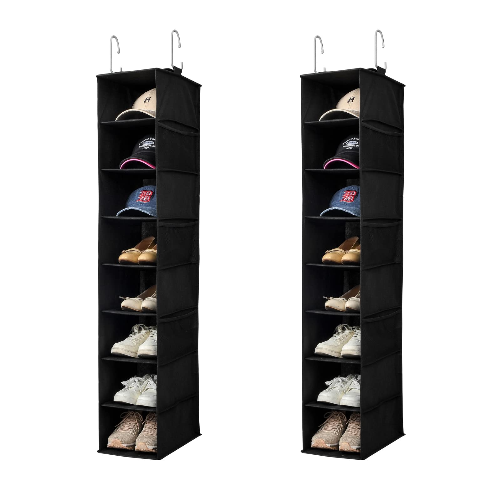 Hanging Shoe Organizer for Closet with Side Mesh Pockets - 8-Shelf Shoe & Hat Storage Holder for Baseball Caps - Space Saving Closet Organizer (Black, 2 Pack) - Perfect for Bedroom, Dorm, Entryway & Small Space Organization