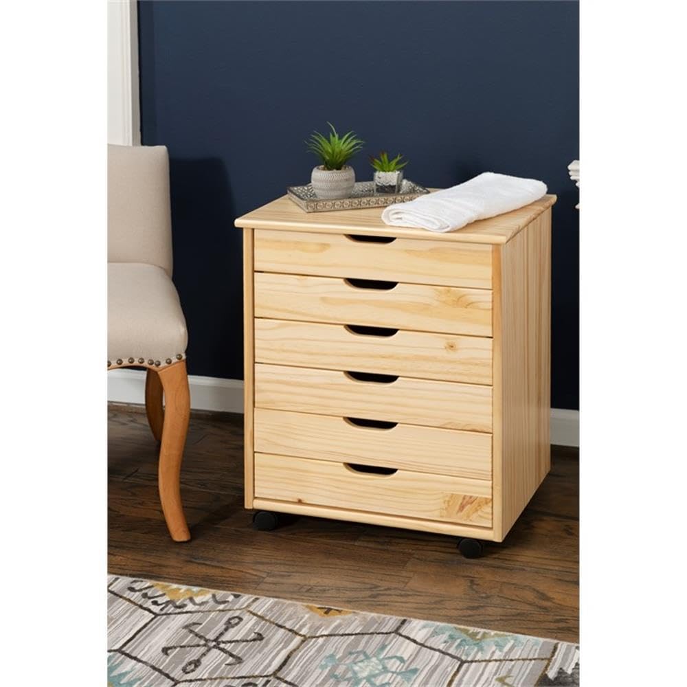 Natural Wood 6-Drawer Wide Rolling Cart with Wheels - Perfect for Office, Kitchen, Bathroom & Bedroom Storage Organization