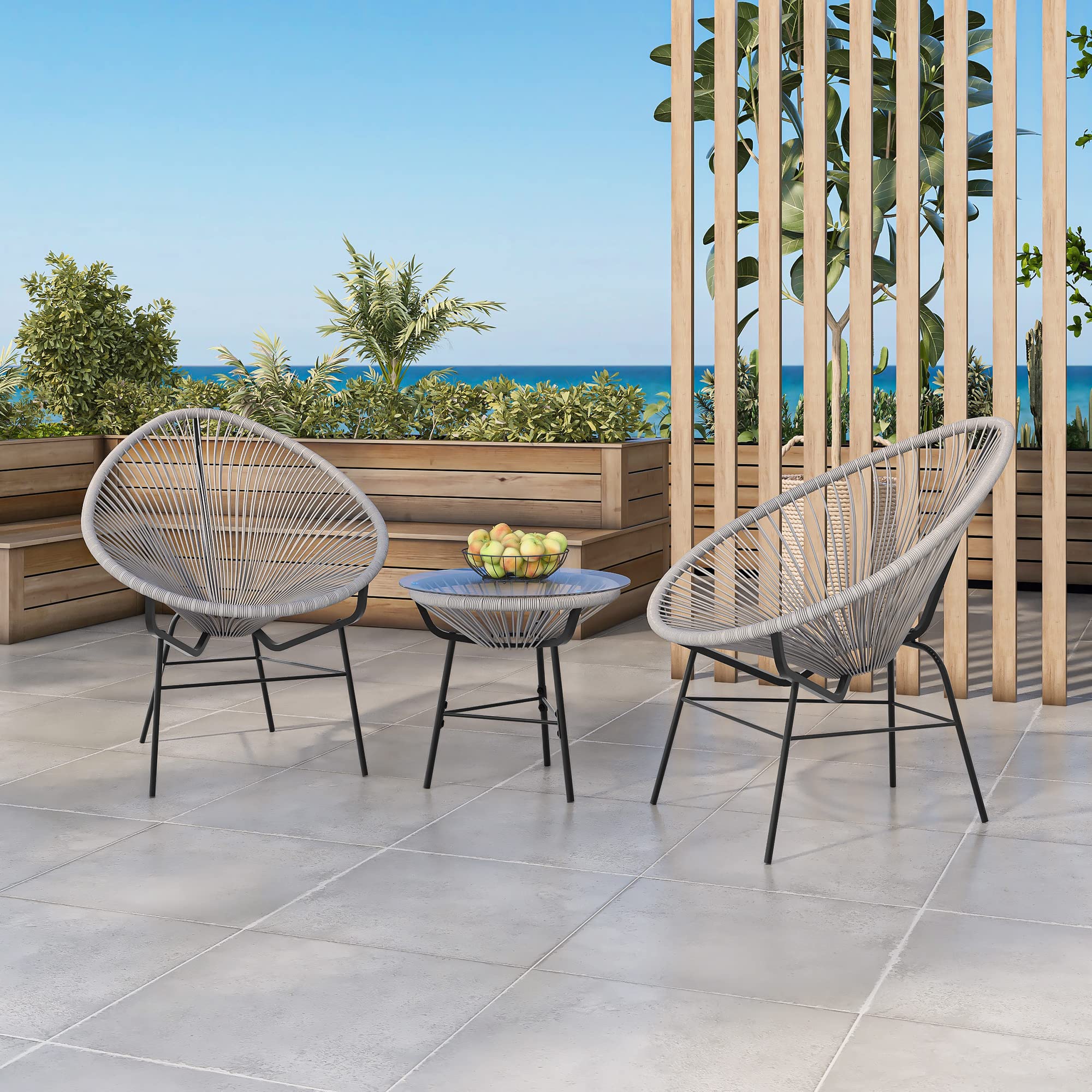 WilliamsSpace 3-Piece Acapulco Patio Chair Set - All-Weather Handwoven Rattan Outdoor Furniture with Glass Top Coffee Table - Grey Bistro Set for Backyard, Garden, Balcony & Living Room - Perfect for Relaxing, Entertaining & Outdoor Dining