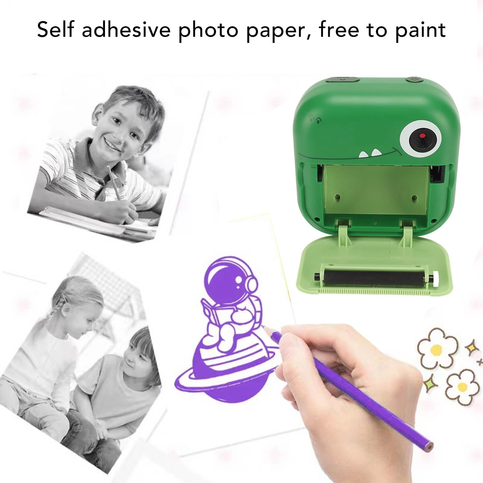 Kids Thermal Printer Camera - DIY Doodle Instant Print Toy with Cartoon Dinosaur Design for Boys & Girls | Perfect for Birthday Gifts, Travel Activities & Creative Play (Green)