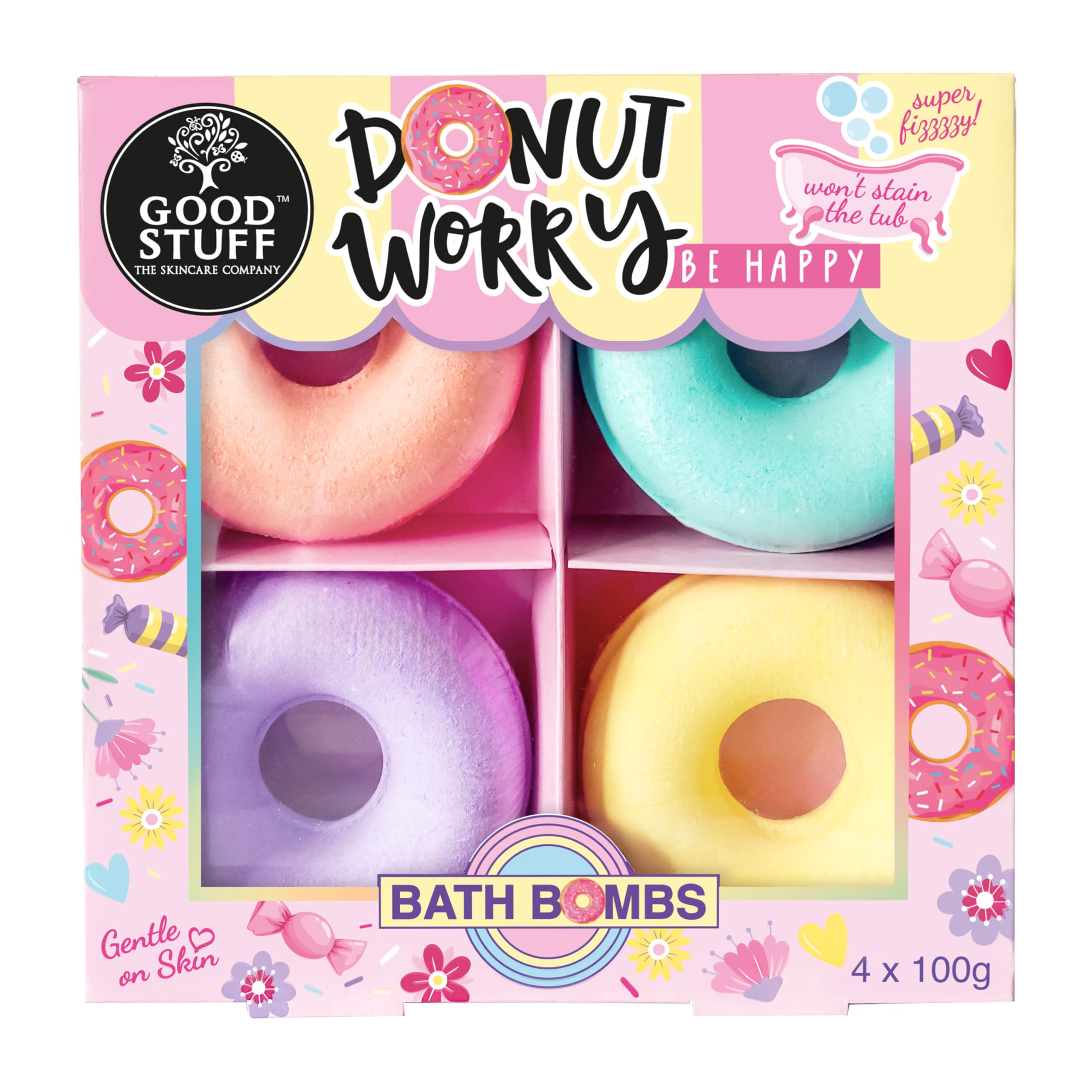 Donut Worry Bath Bomb Gift Set - 4x3.5oz Relaxing Scented Donut-Shaped Bath Bombs for Self Care & Spa Night | Perfect Birthday Gift for Women & Stress Relief