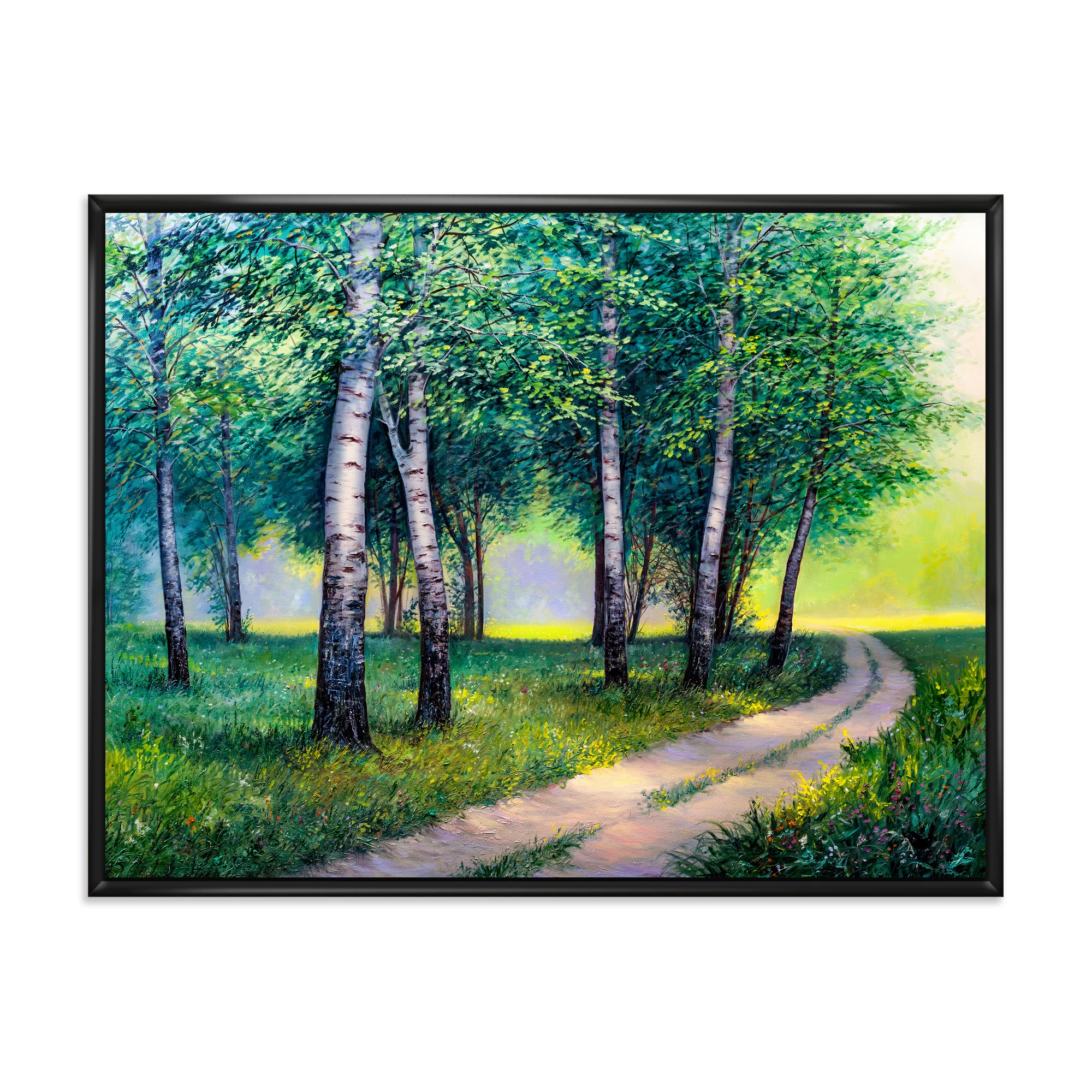 DesignQ Summer Forest Road By The Birches - Lake House Framed Canvas Wall Art Print | Nature Landscape Painting for Living Room, Bedroom & Office Decor | Perfect Gift for Home & Holiday