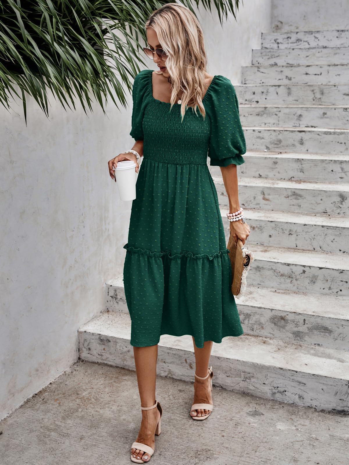 PRETTYGARDEN Women's Summer Casual Dress 2025 - Puff Sleeve Square Neck A-line Flowy Boho Floral Smocked Midi Dress for Beach Vacation, Garden Party & Date Night