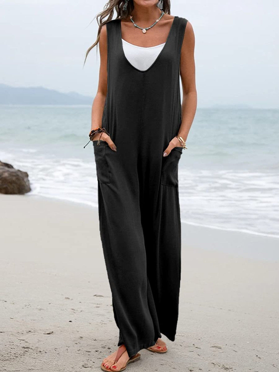 Women's Full Size Flowy Beach Jumpsuit with Pockets - Lightweight Summer Romper for Vacation, Pool Party & Boho Outfit