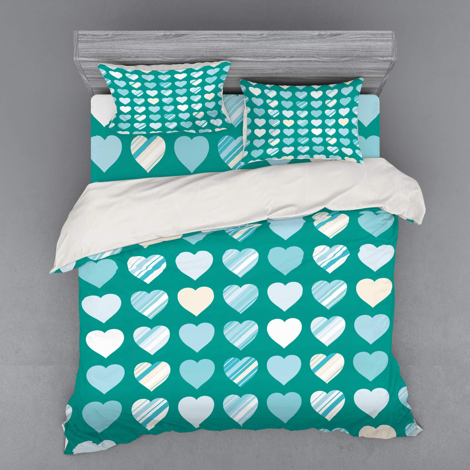 Ambesonne Romance Bedding Set - King Size 4-Piece Duvet Cover with Shams & Fitted Sheet, Heart Lovers Design in Jade Green Seafoam Cream | Perfect for Couples Bedroom, Valentine's Gift & Cozy Home Decor
